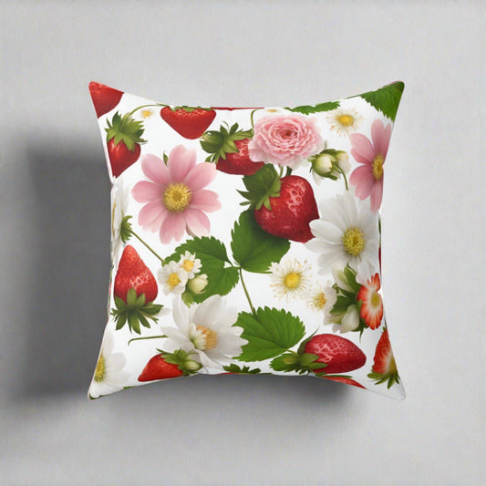 Strawberry Floral Design on Both Sides of Spun Polyester Square Pillow