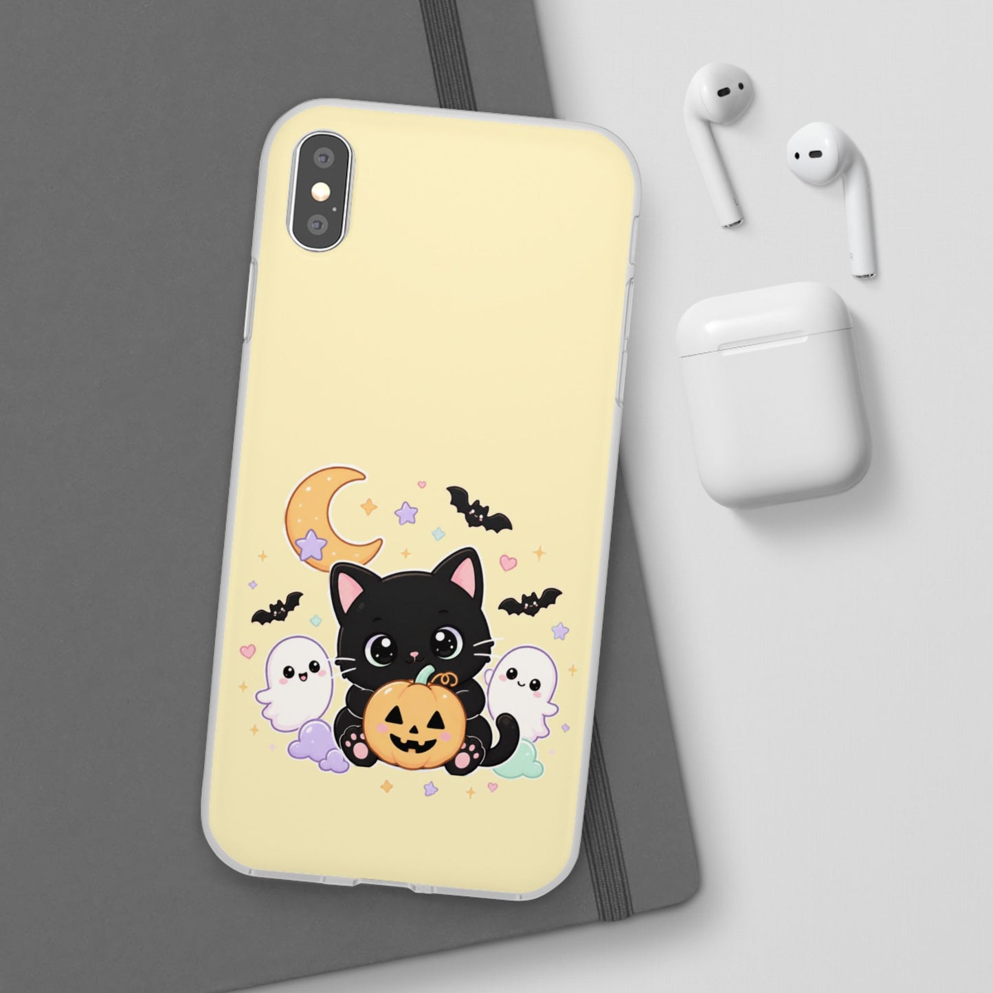 Cute Halloween Black Cat Phone Case — Kawaii Pumpkin & Ghosts Flexi Case
