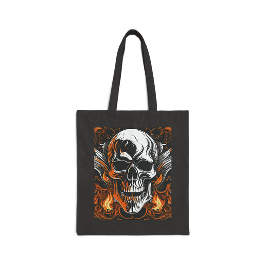 Cotton Canvas Tote Bag with a Flaming Skull Print on Both Sides