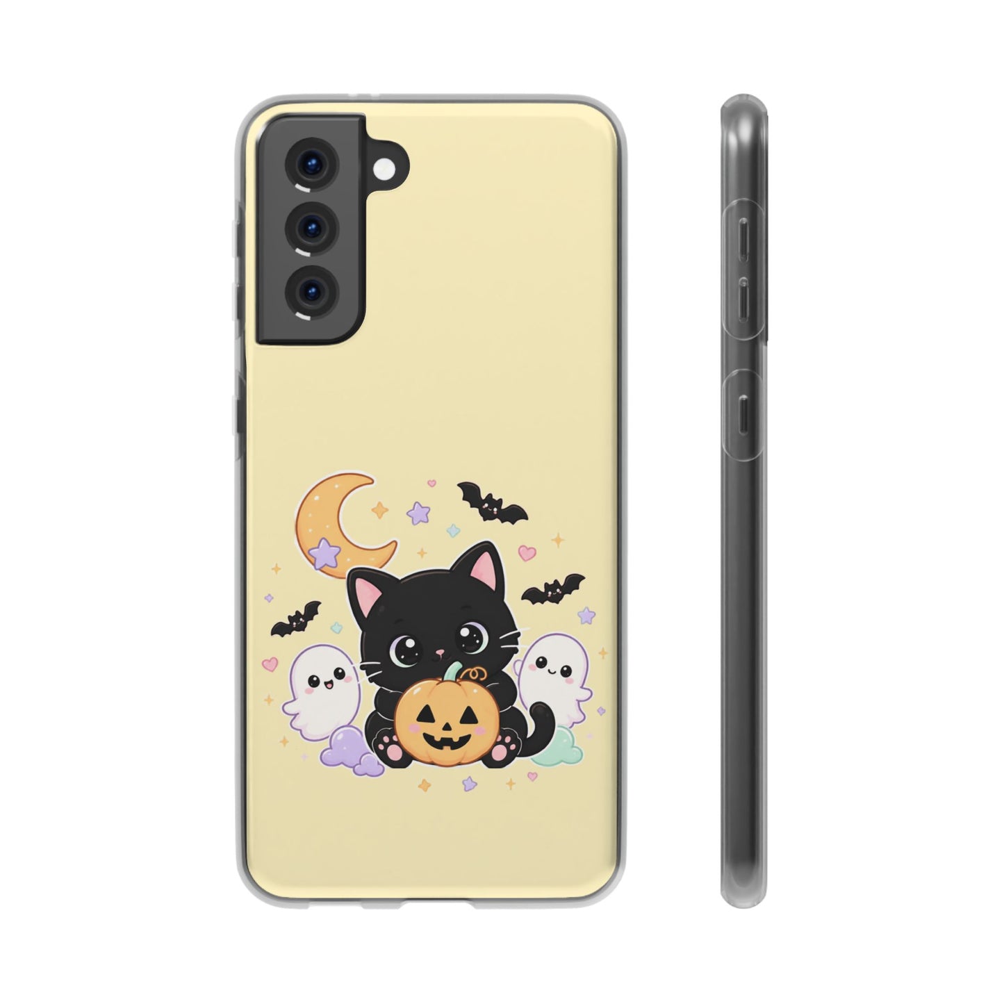 Cute Halloween Black Cat Phone Case — Kawaii Pumpkin & Ghosts Flexi Case