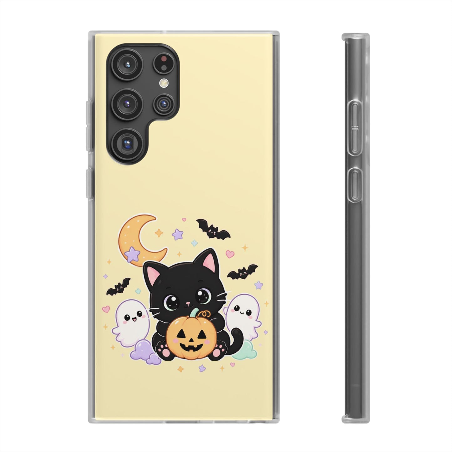 Cute Halloween Black Cat Phone Case — Kawaii Pumpkin & Ghosts Flexi Case