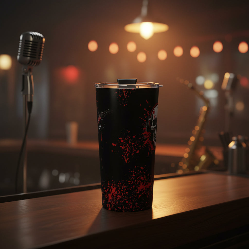 A black insulated travel tumbler with a clear lid and black flip straw, decorated with red blood splatter graphics and a partial white skull design, shown on a white background.