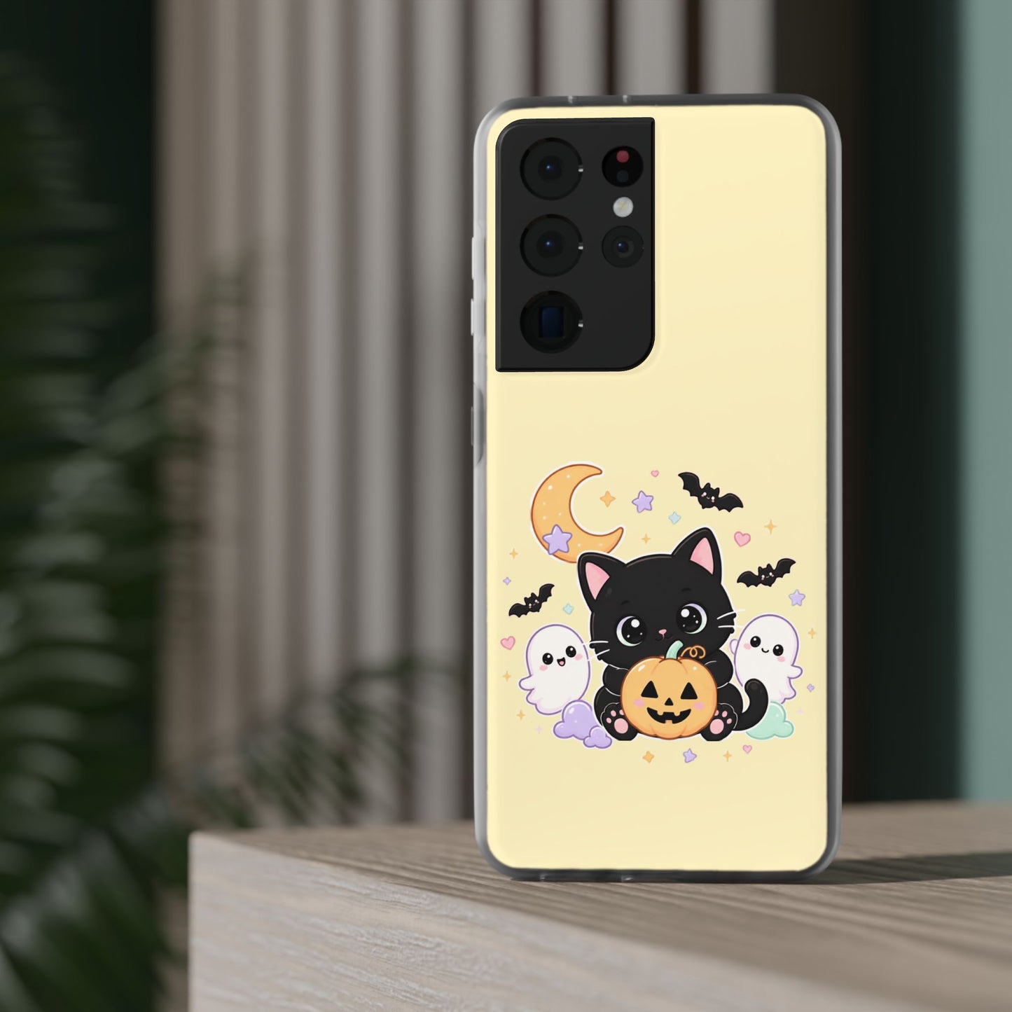 Cute Halloween Black Cat Phone Case — Kawaii Pumpkin & Ghosts Flexi Case