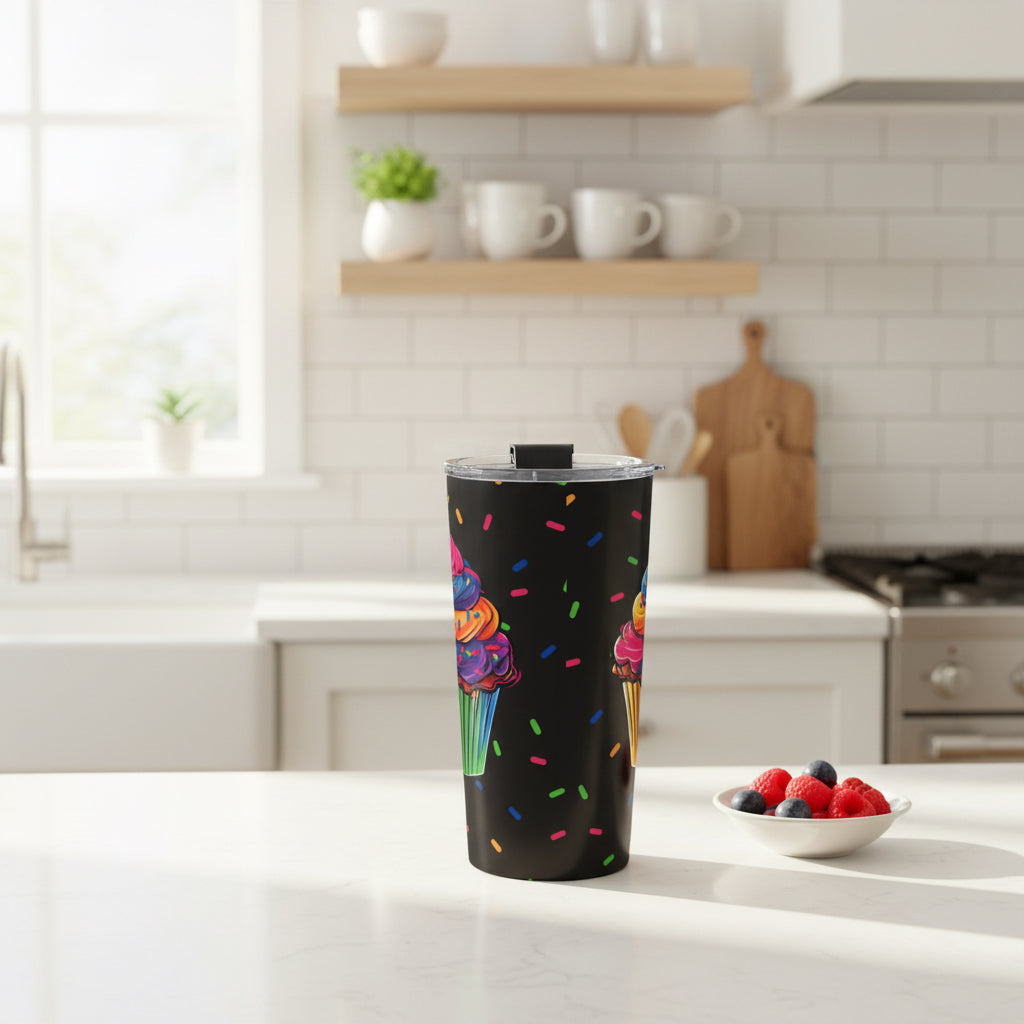 A black insulated travel tumbler with a clear lid and flip-top spout, decorated with colorful ice cream cones and multicolored sprinkles on a white background.
