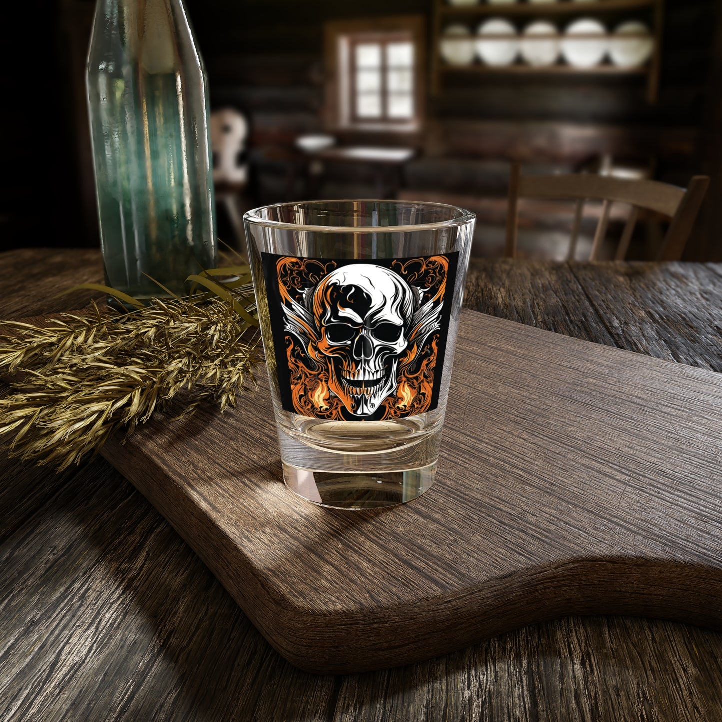 Flaming Skull Design Shot Glass, 1.5oz