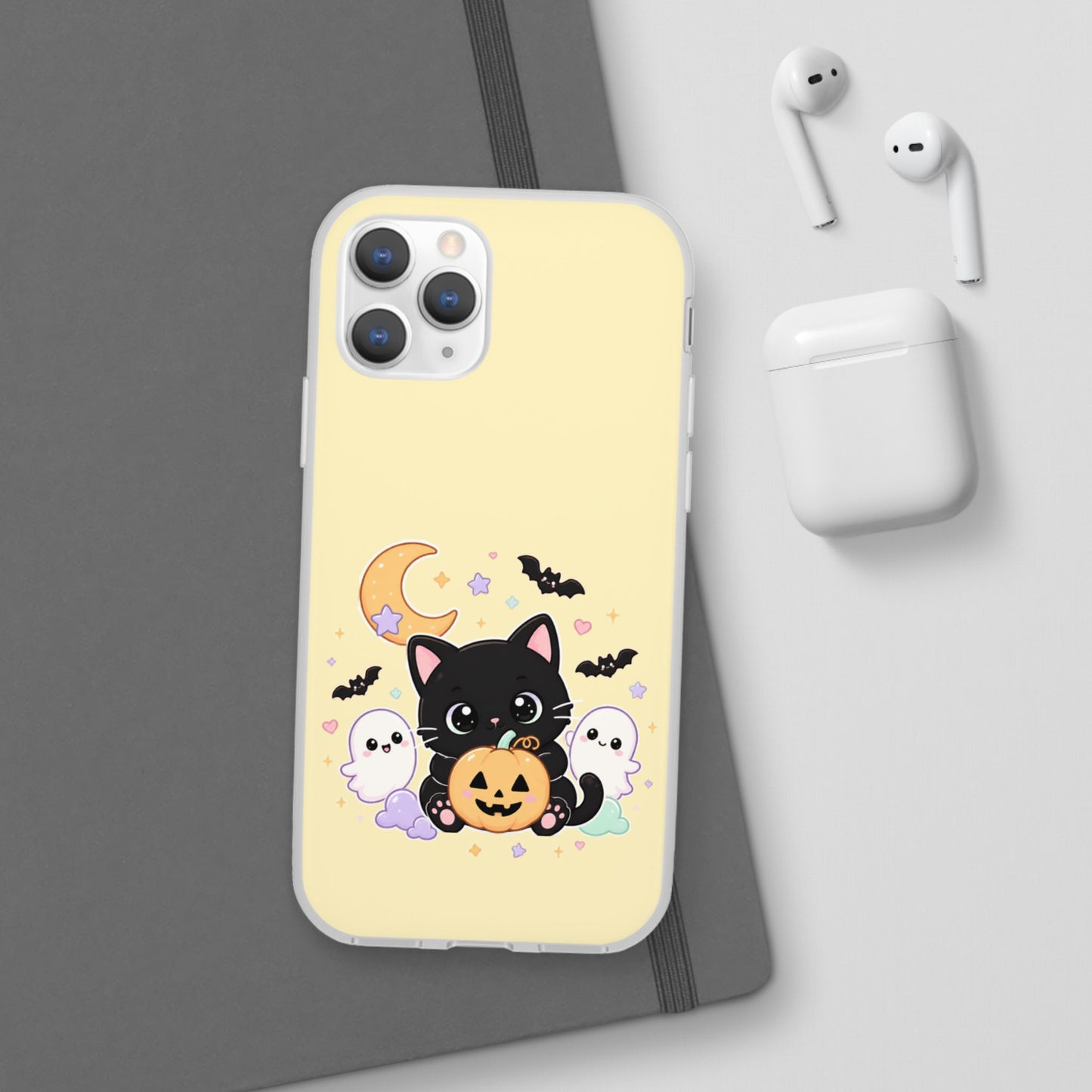 Cute Halloween Black Cat Phone Case — Kawaii Pumpkin & Ghosts Flexi Case