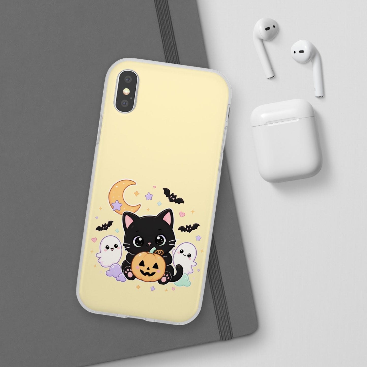 Cute Halloween Black Cat Phone Case — Kawaii Pumpkin & Ghosts Flexi Case
