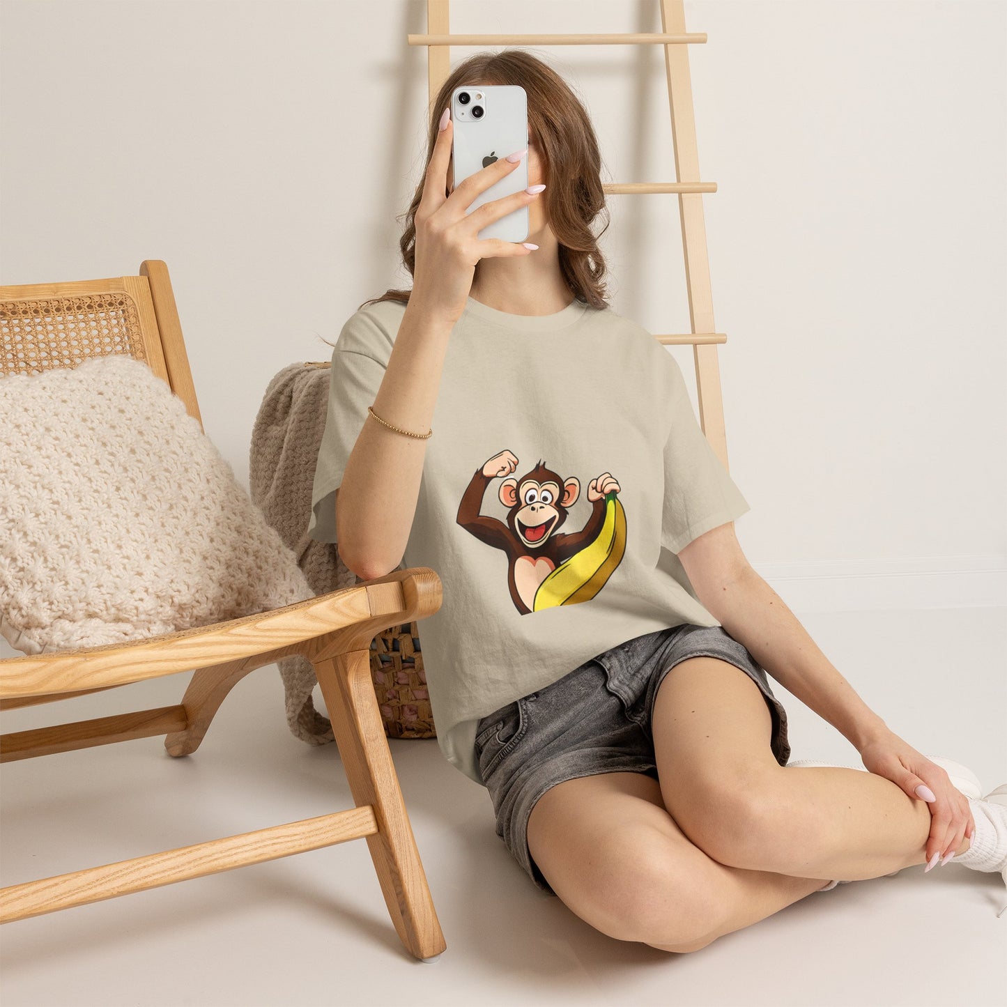 Playful Monkey with Banana T-Shirt — Cute Cartoon Chimp Graphic Tee for Kids & Adults