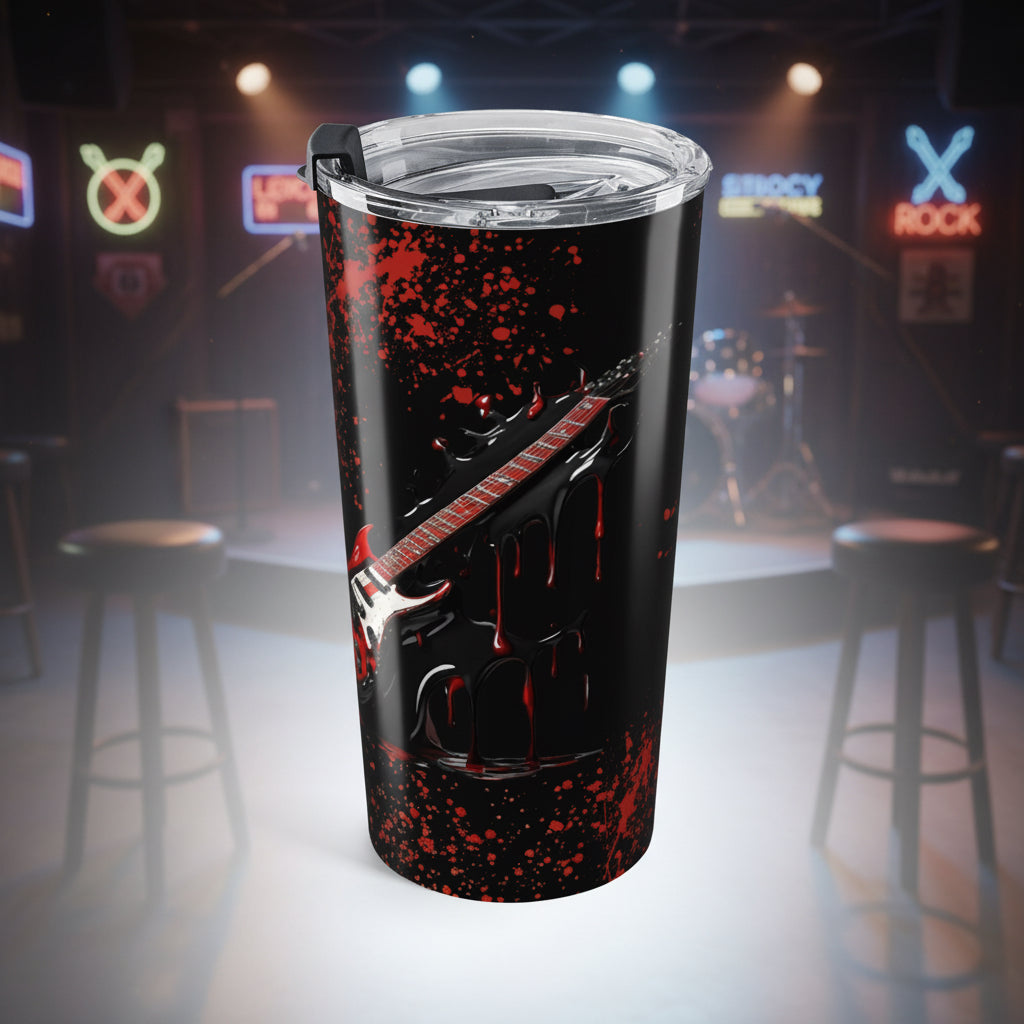 A black insulated travel tumbler with a clear lid, featuring a graphic print of a white electric guitar with red dripping details and red paint splatters on a black background.