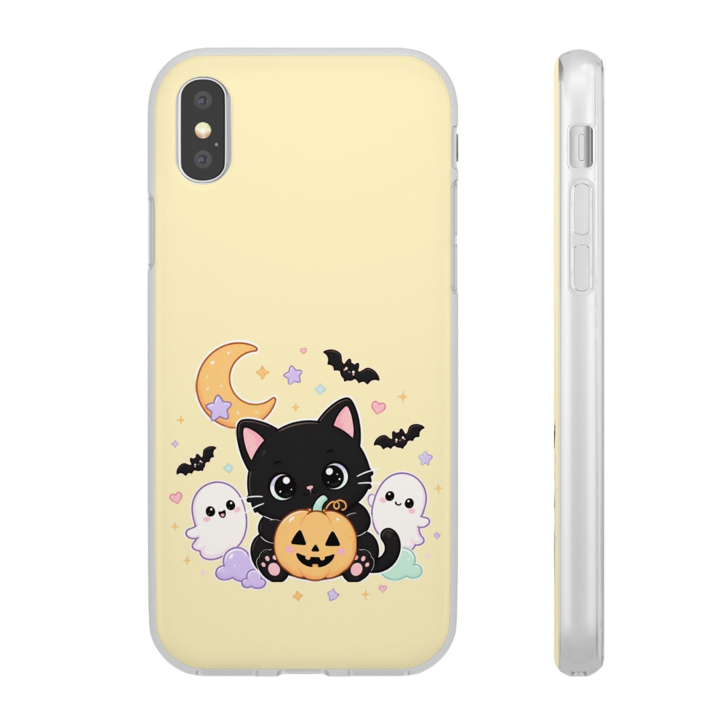 Cute Halloween Black Cat Phone Case — Kawaii Pumpkin & Ghosts Flexi Case