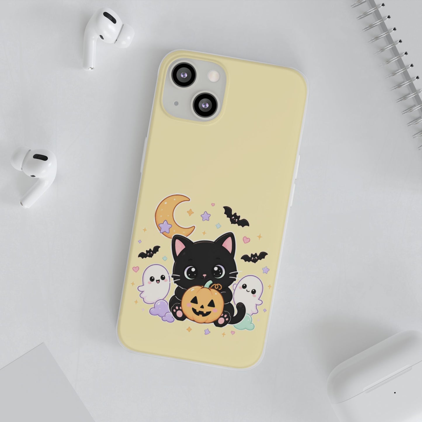 Cute Halloween Black Cat Phone Case — Kawaii Pumpkin & Ghosts Flexi Case