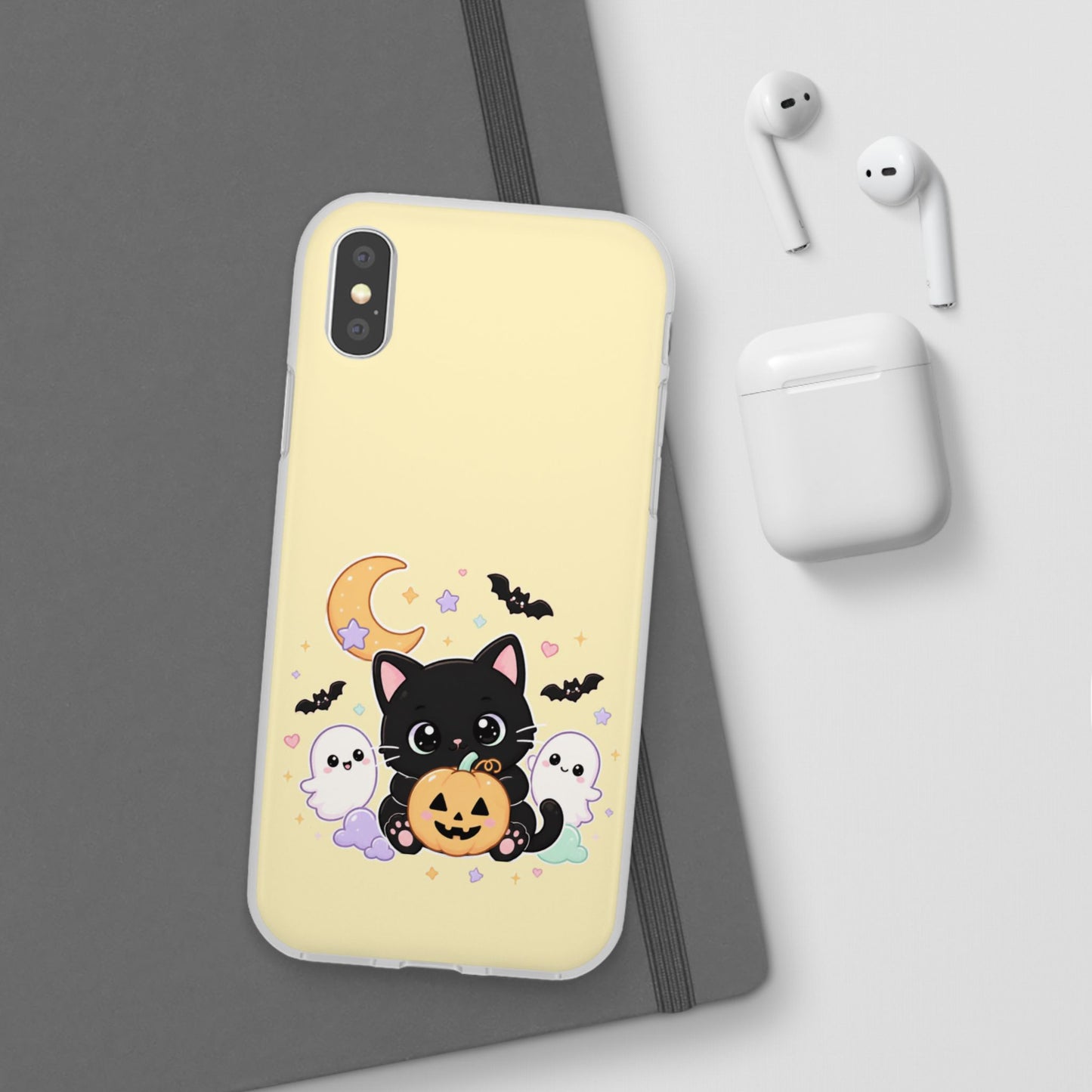 Cute Halloween Black Cat Phone Case — Kawaii Pumpkin & Ghosts Flexi Case