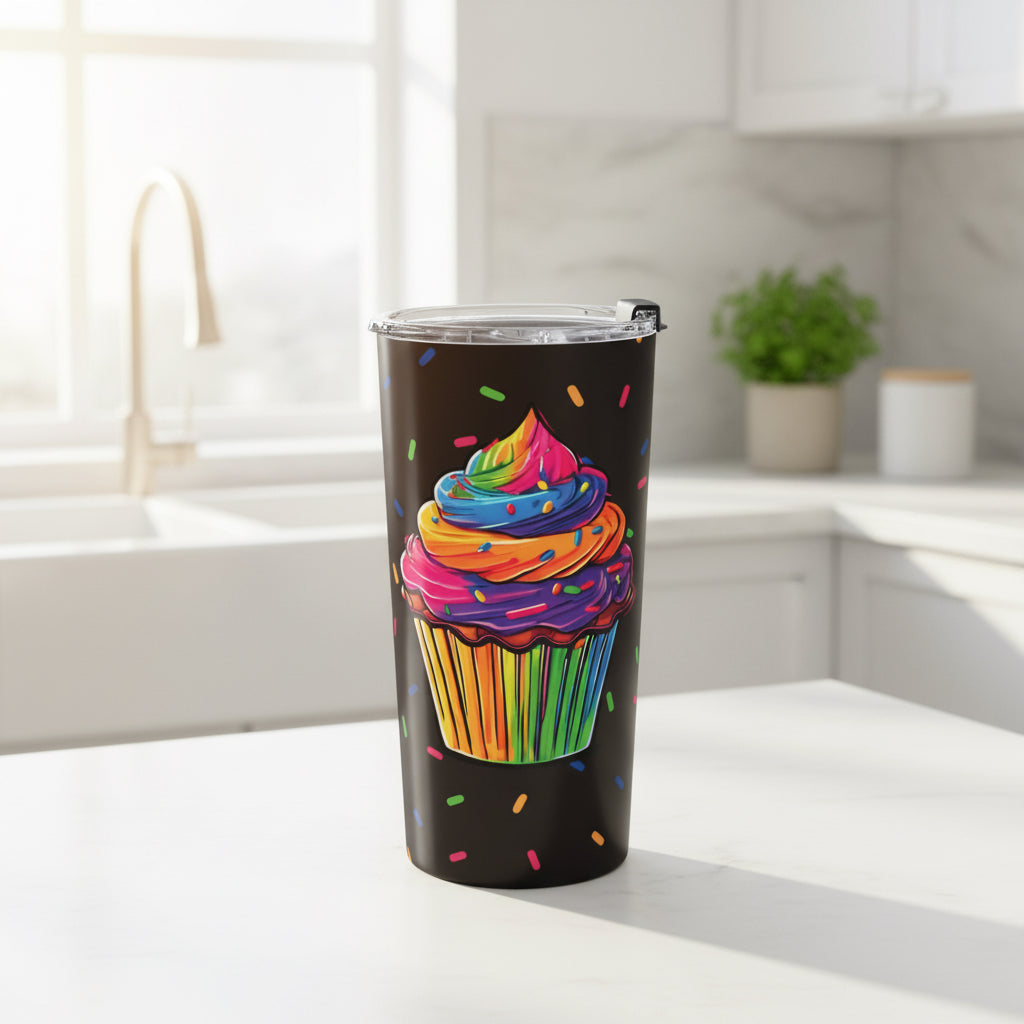 A black insulated tumbler with a clear lid, featuring a colorful rainbow-frosted cupcake graphic and scattered confetti on a white background.