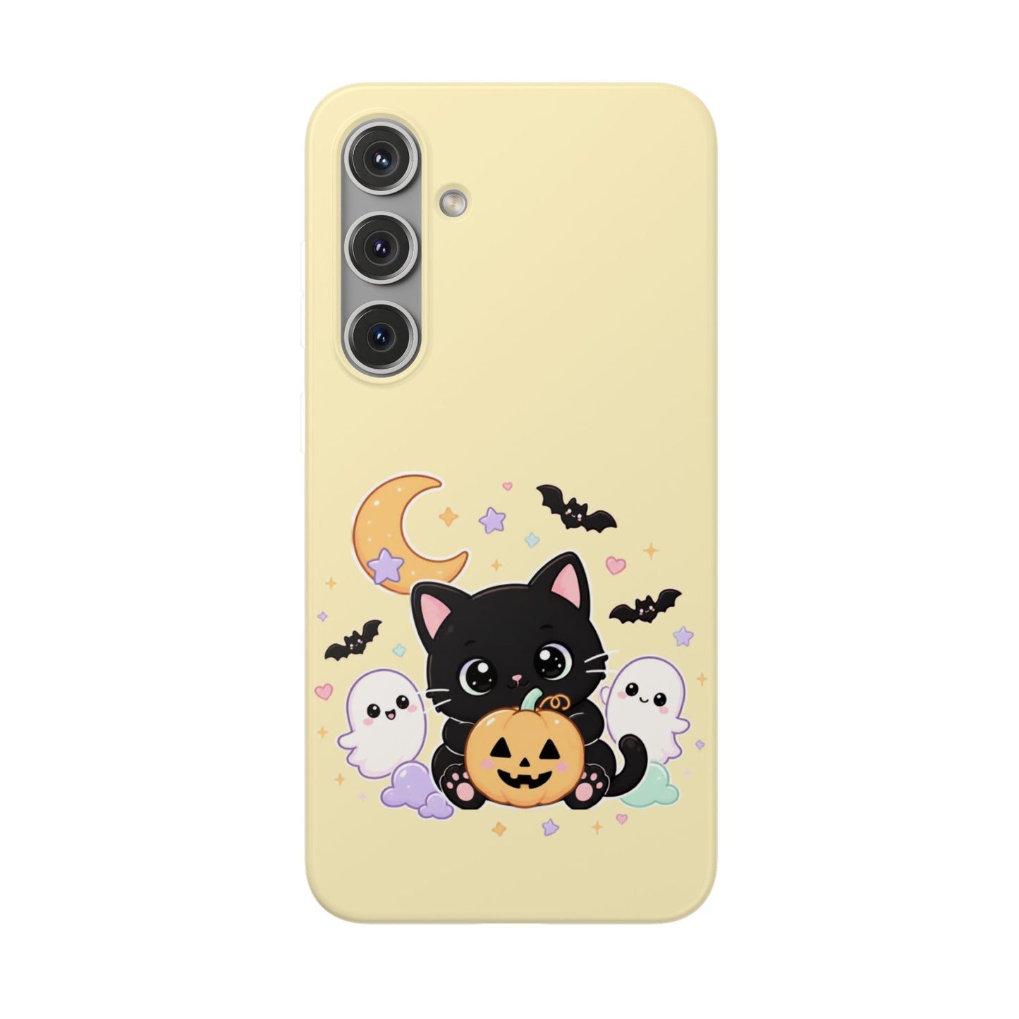 Cute Halloween Black Cat Phone Case — Kawaii Pumpkin & Ghosts Flexi Case
