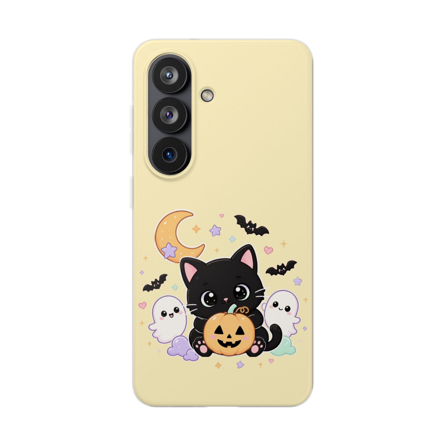 Cute Halloween Black Cat Phone Case — Kawaii Pumpkin & Ghosts Flexi Case