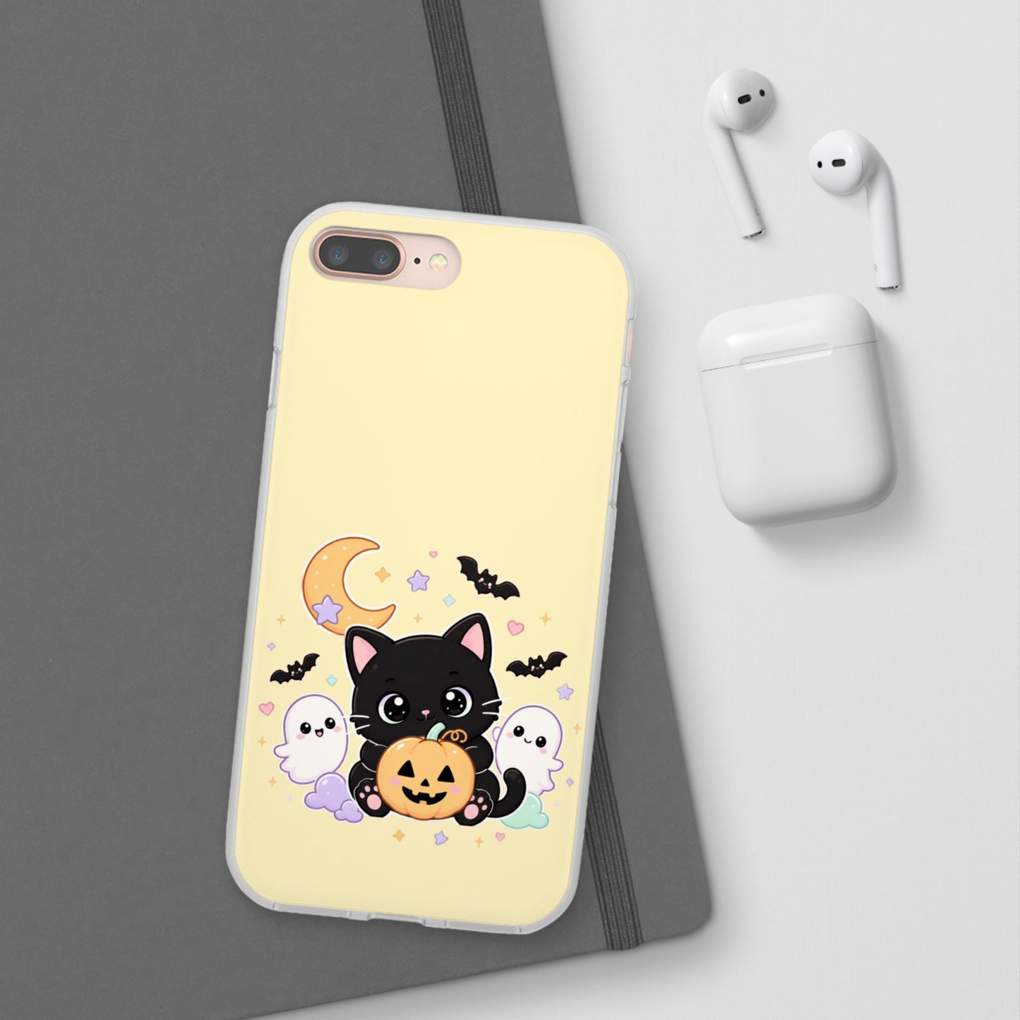 Cute Halloween Black Cat Phone Case — Kawaii Pumpkin & Ghosts Flexi Case