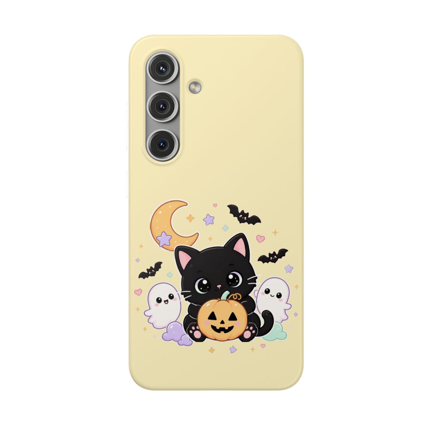 Cute Halloween Black Cat Phone Case — Kawaii Pumpkin & Ghosts Flexi Case