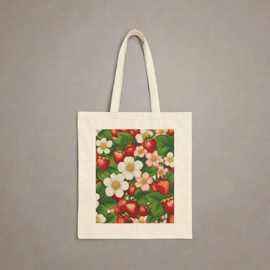 Strawberry Dreams Print on Front of Cotton Canvas Tote Bag