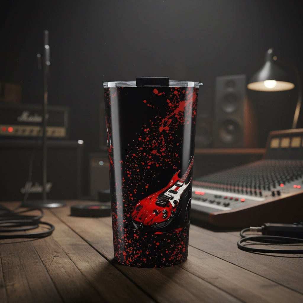 A tall insulated tumbler with a clear lid, featuring a black body printed with red paint splatters and a red electric guitar graphic, shown on a white background.