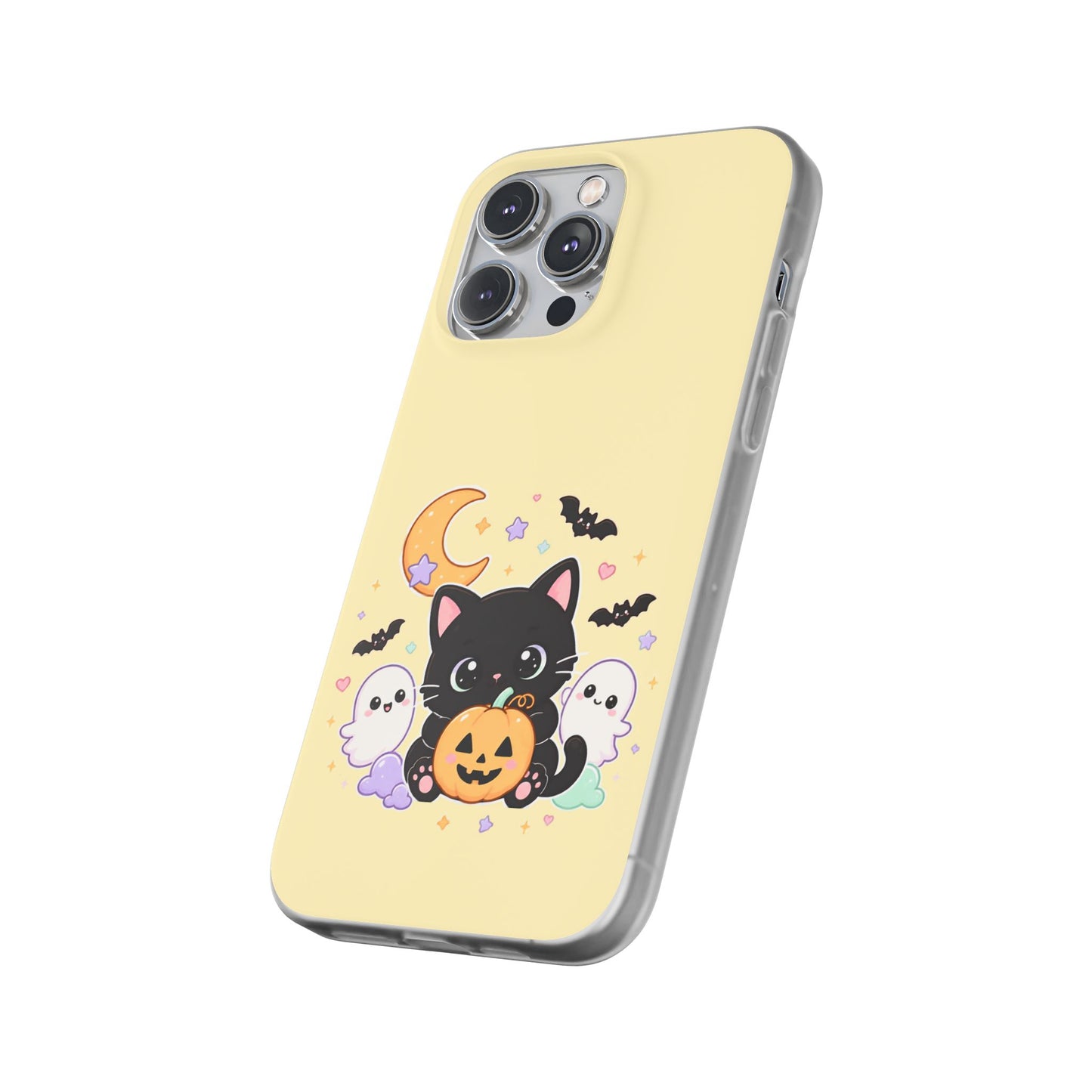 Cute Halloween Black Cat Phone Case — Kawaii Pumpkin & Ghosts Flexi Case