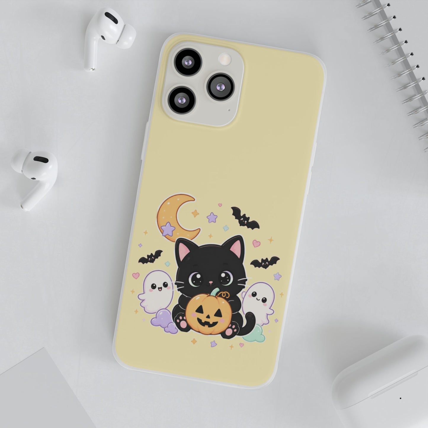 Cute Halloween Black Cat Phone Case — Kawaii Pumpkin & Ghosts Flexi Case