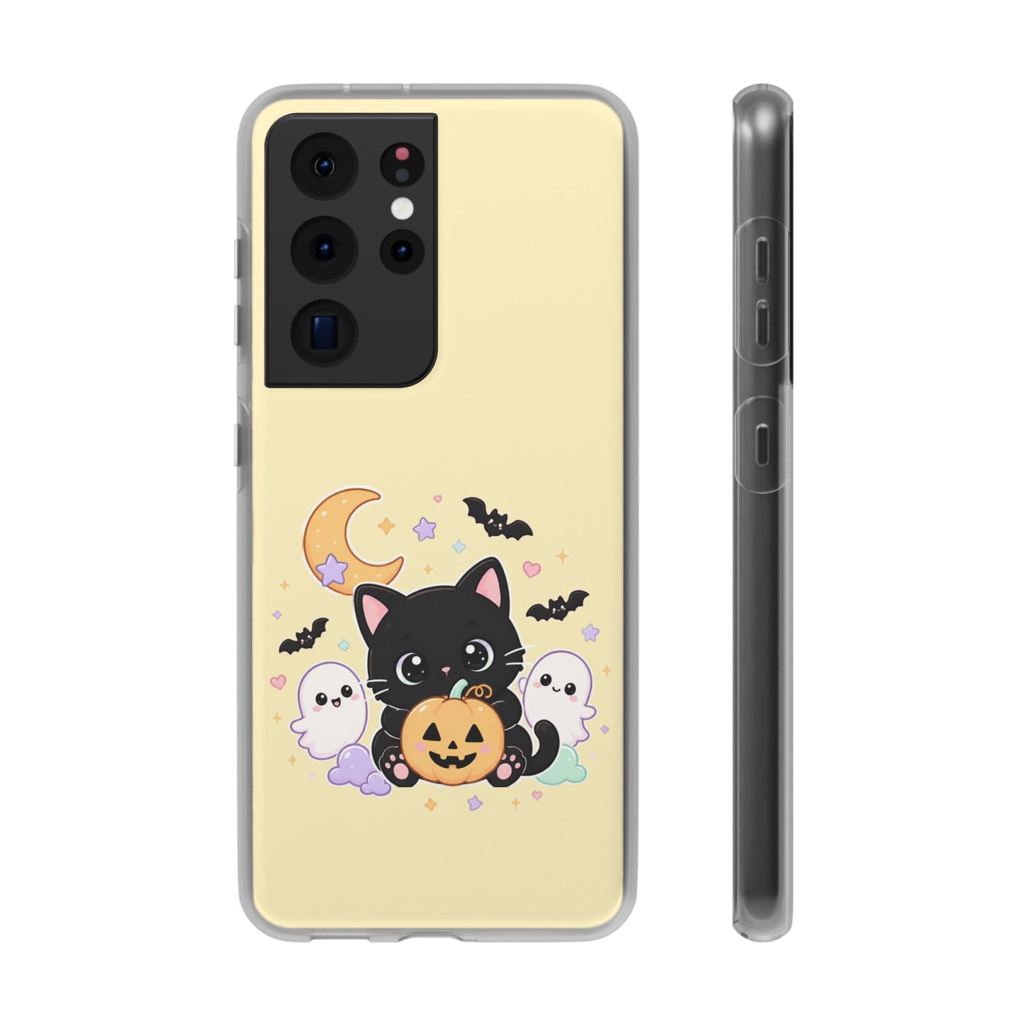 Cute Halloween Black Cat Phone Case — Kawaii Pumpkin & Ghosts Flexi Case