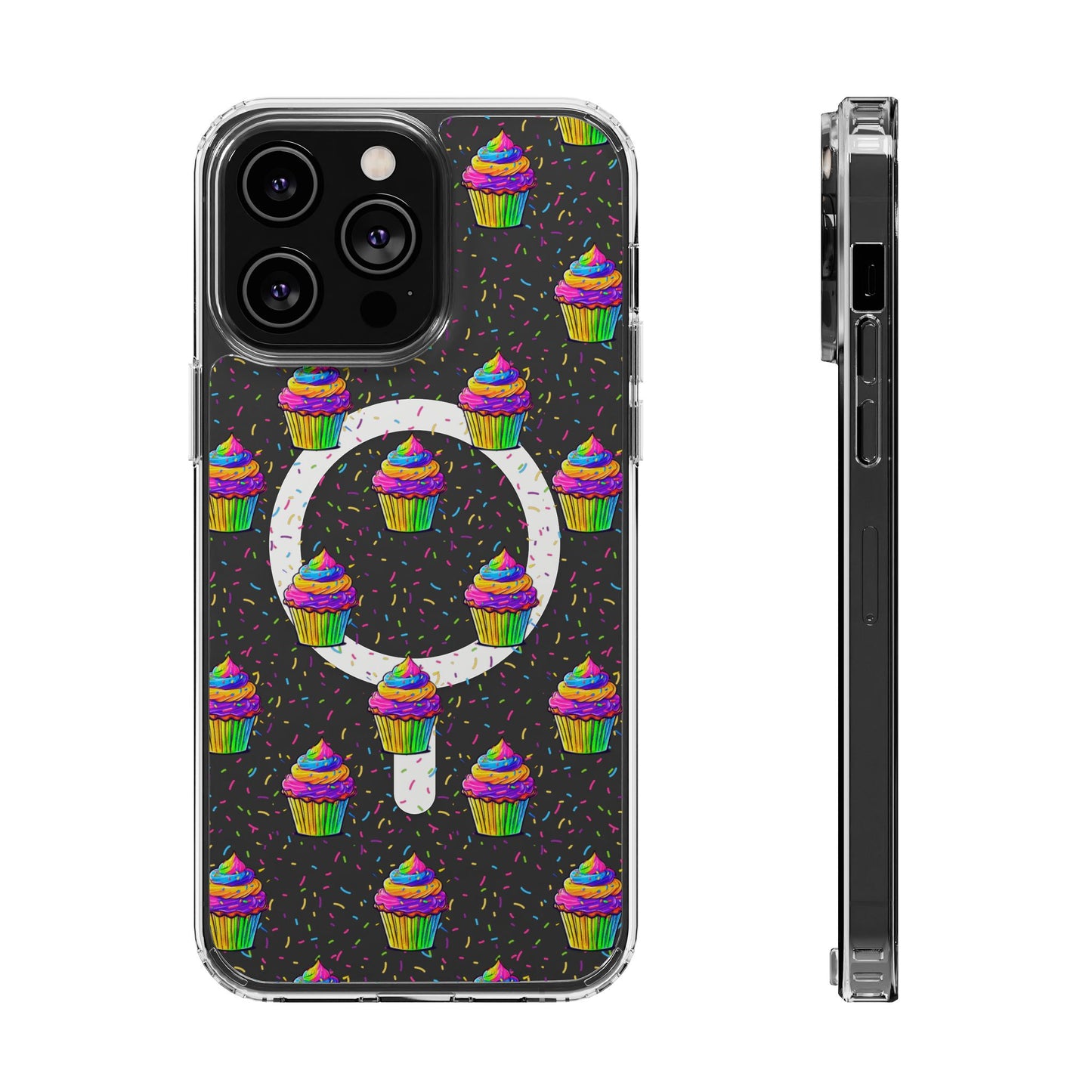 Clear Magnetic Phone Case — Rainbow Cupcake Confetti Design