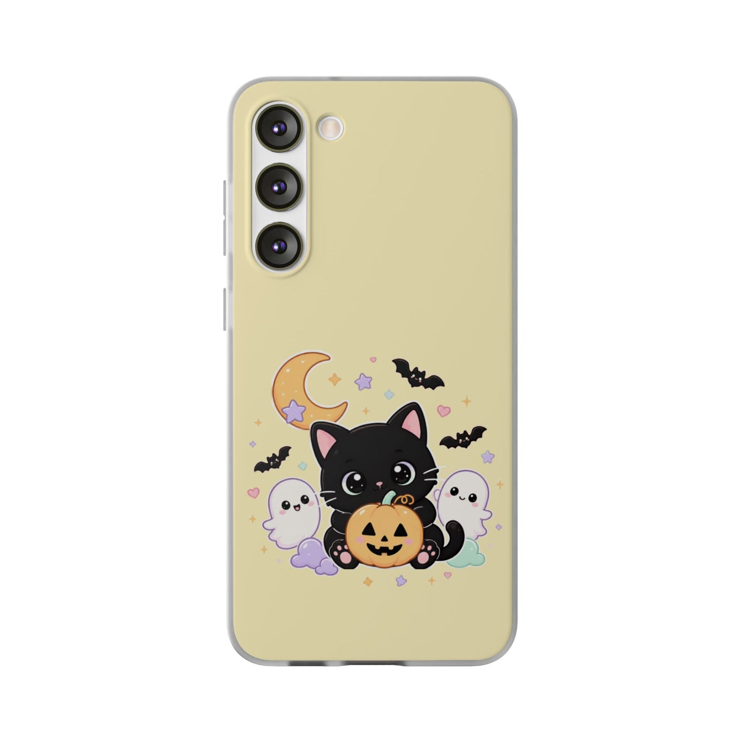 Cute Halloween Black Cat Phone Case — Kawaii Pumpkin & Ghosts Flexi Case