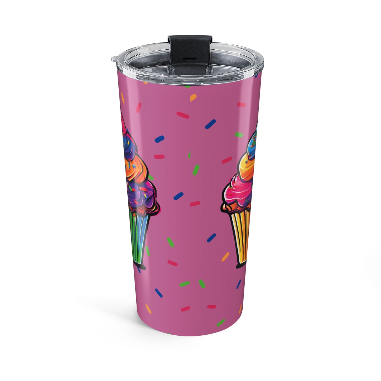20oz Cupcake Tumbler — Colorful Rainbow Frosting Travel Cup Pink