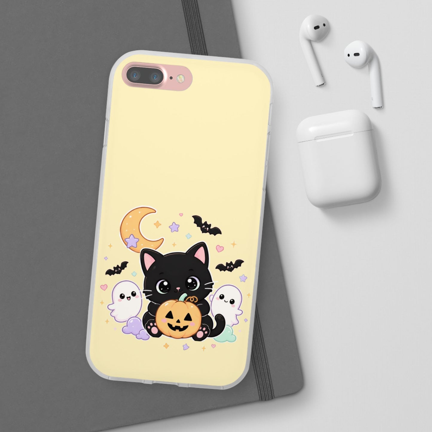Cute Halloween Black Cat Phone Case — Kawaii Pumpkin & Ghosts Flexi Case