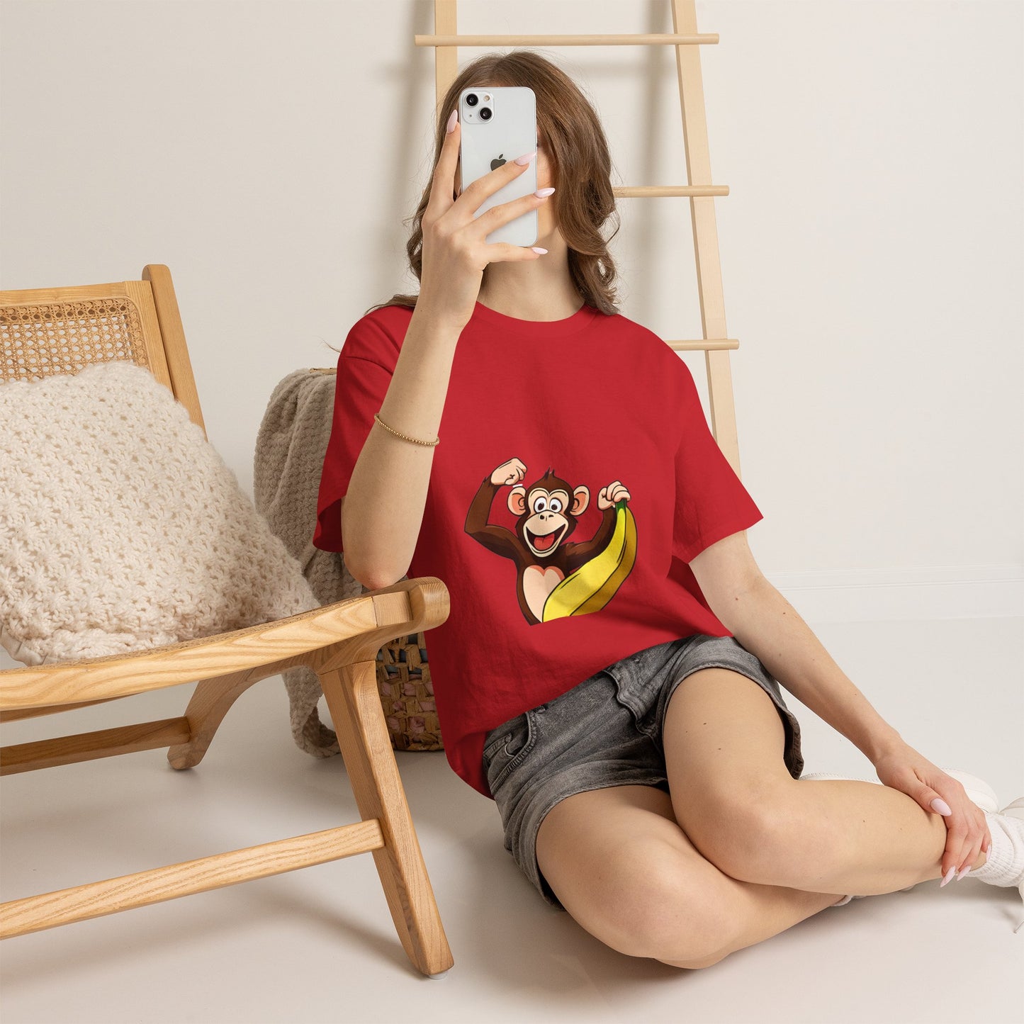 Playful Monkey with Banana T-Shirt — Cute Cartoon Chimp Graphic Tee for Kids & Adults