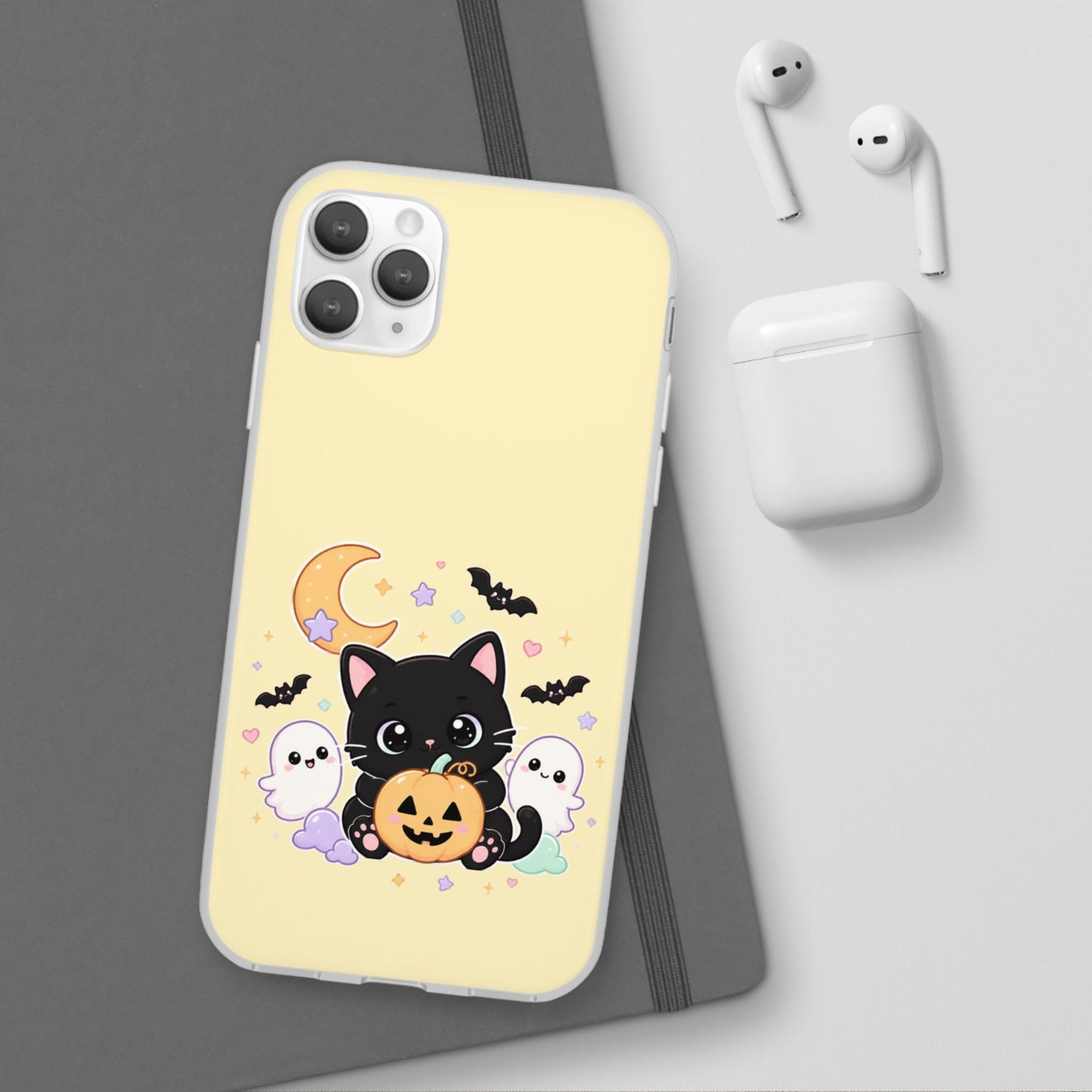 Cute Halloween Black Cat Phone Case — Kawaii Pumpkin & Ghosts Flexi Case