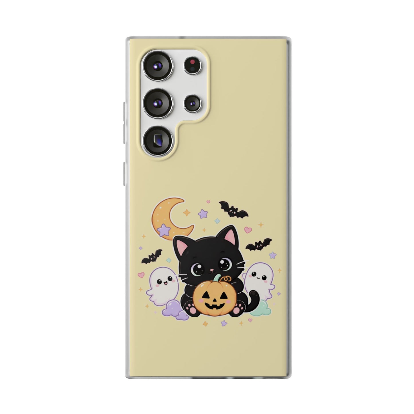 Cute Halloween Black Cat Phone Case — Kawaii Pumpkin & Ghosts Flexi Case