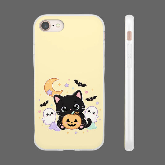 A pale yellow phone case with a cute Halloween illustration of a black cat, jack-o'-lantern, ghosts, bats, and a crescent moon, shown from the back and side on a white background.