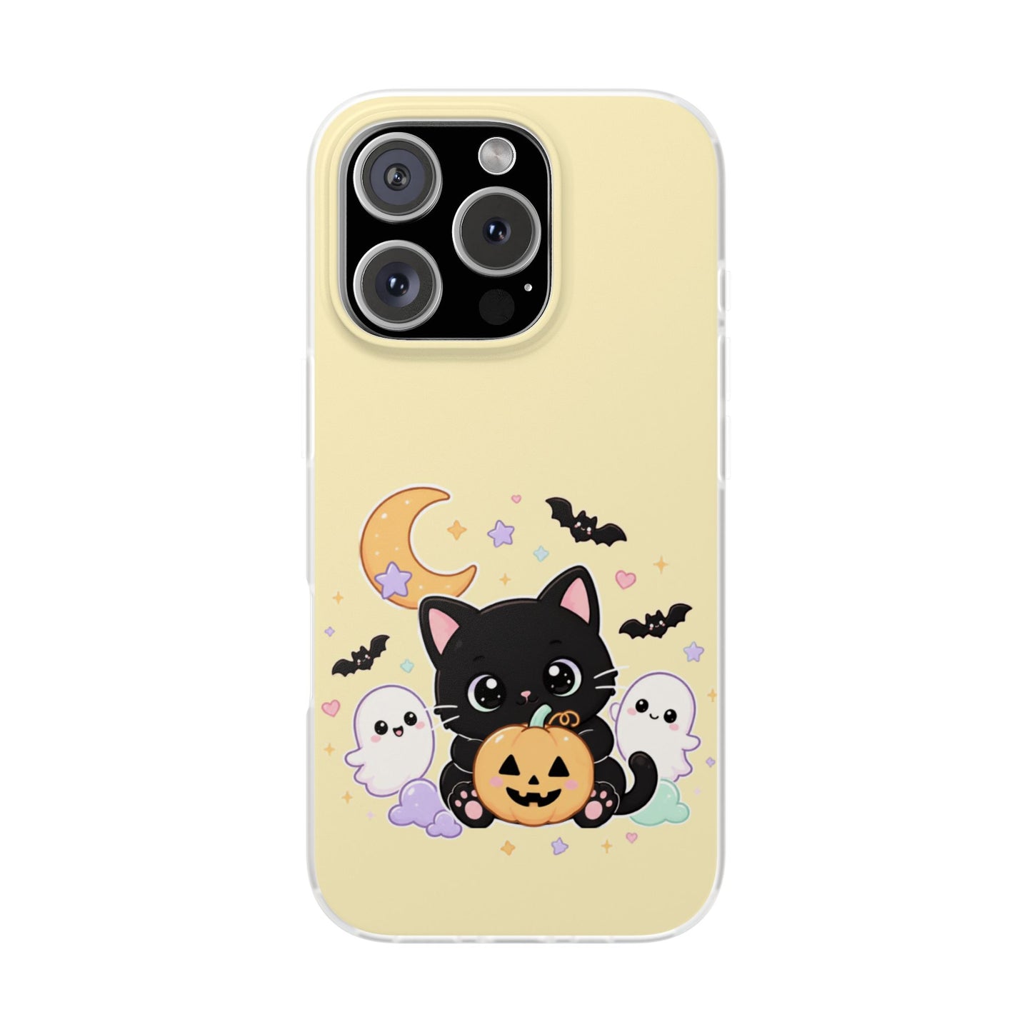 Cute Halloween Black Cat Phone Case — Kawaii Pumpkin & Ghosts Flexi Case