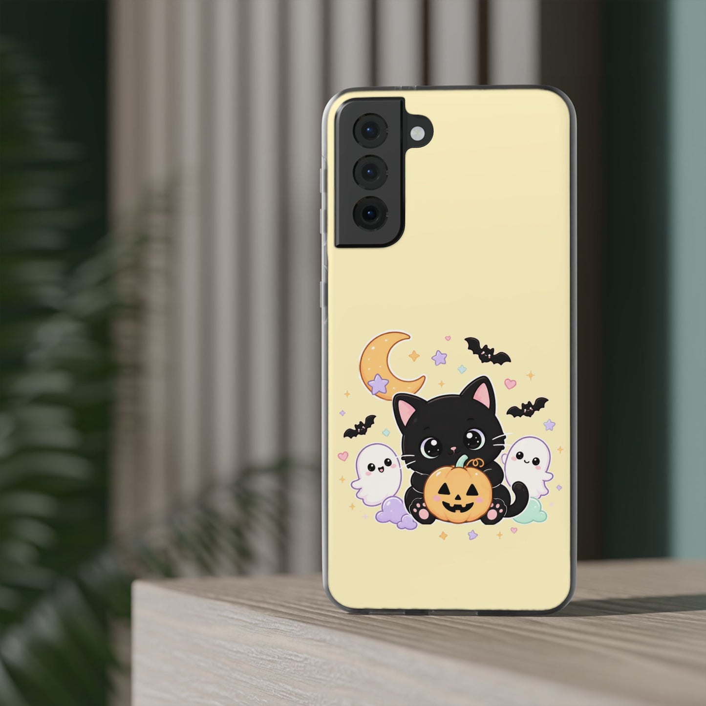 Cute Halloween Black Cat Phone Case — Kawaii Pumpkin & Ghosts Flexi Case