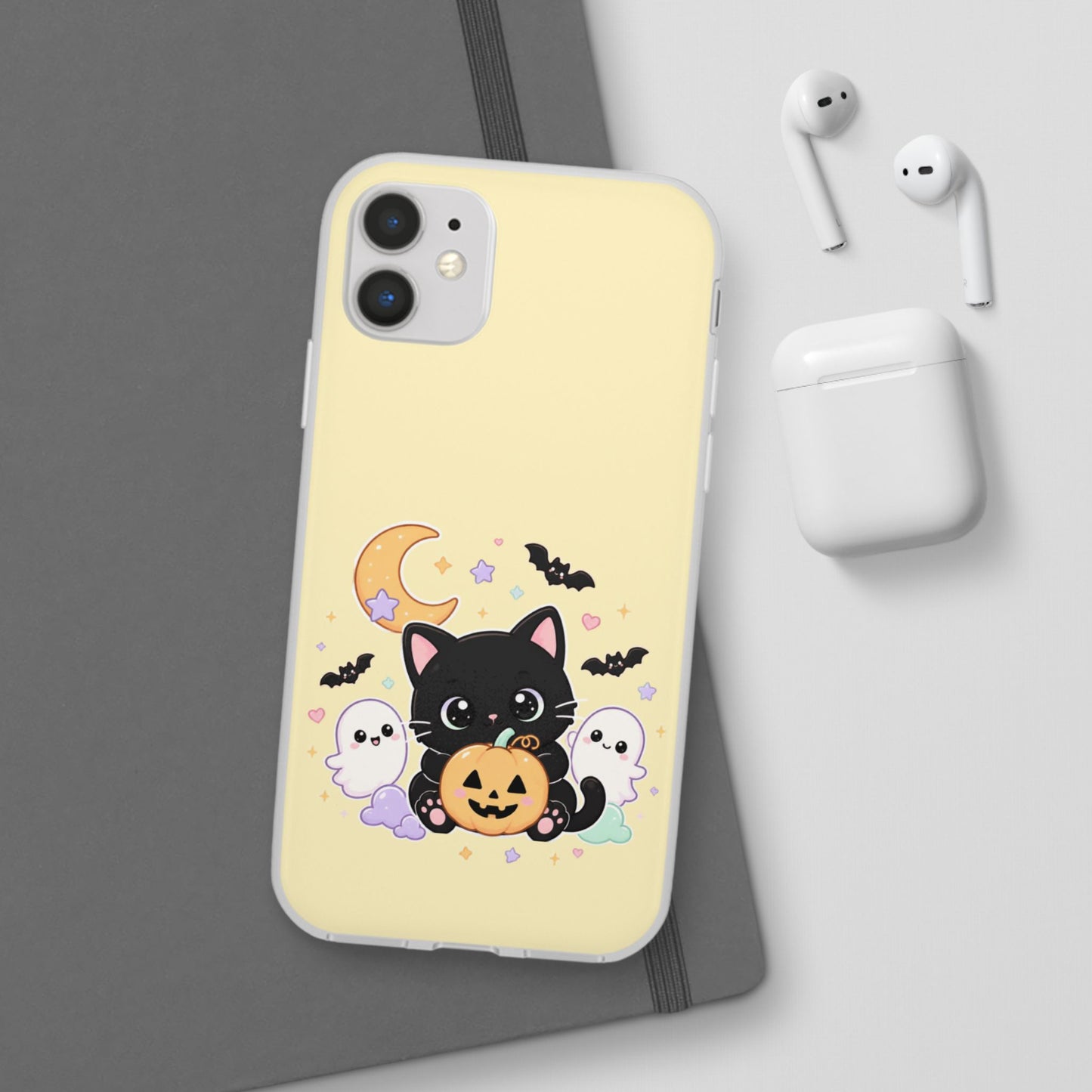 Cute Halloween Black Cat Phone Case — Kawaii Pumpkin & Ghosts Flexi Case