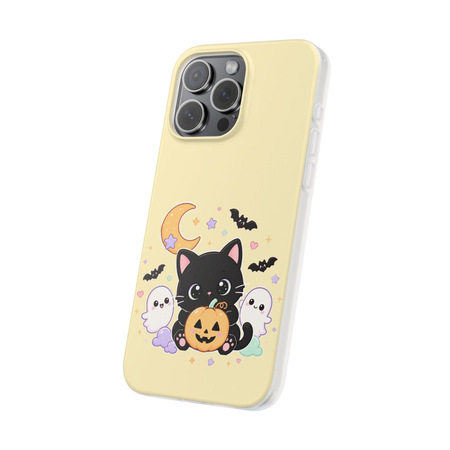 Cute Halloween Black Cat Phone Case — Kawaii Pumpkin & Ghosts Flexi Case