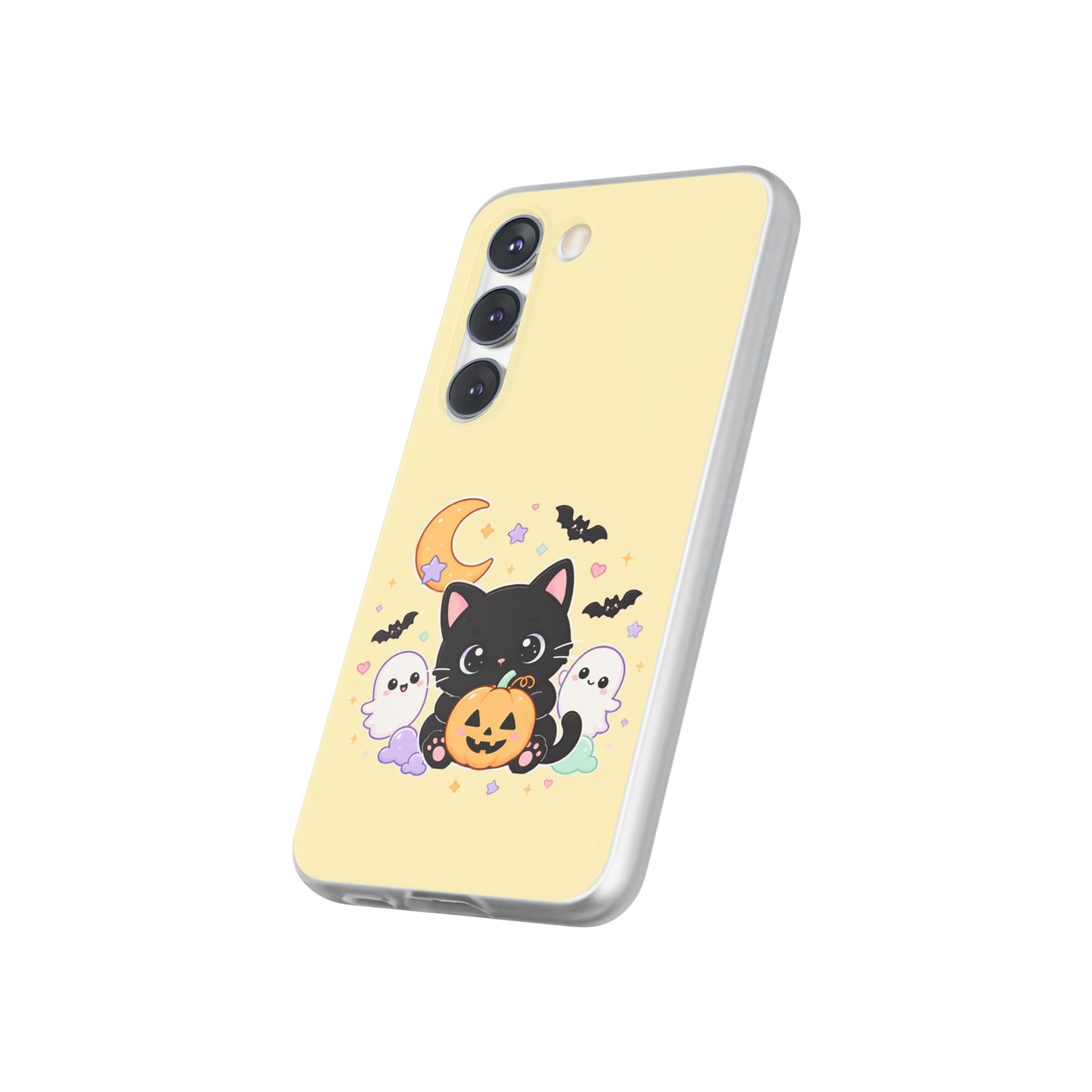Cute Halloween Black Cat Phone Case — Kawaii Pumpkin & Ghosts Flexi Case