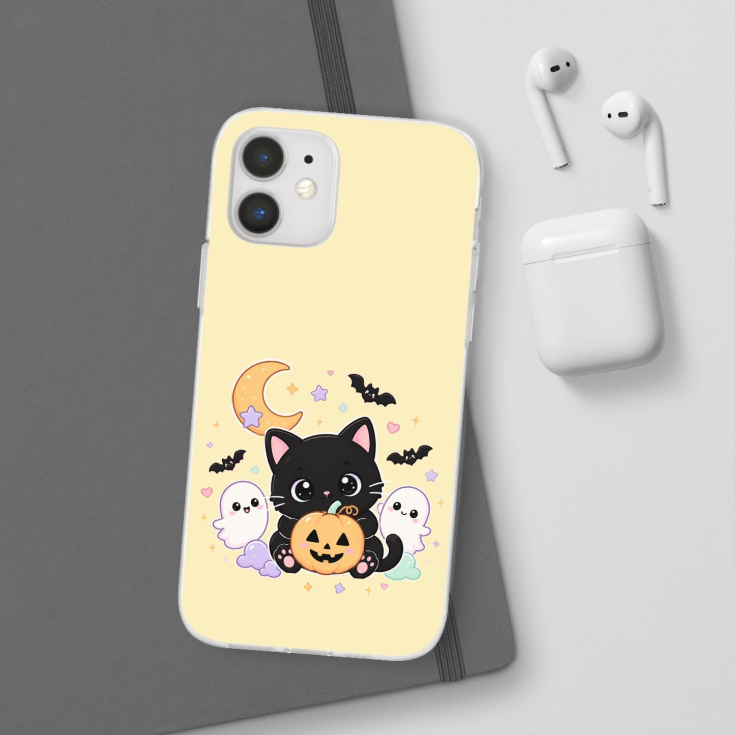 Cute Halloween Black Cat Phone Case — Kawaii Pumpkin & Ghosts Flexi Case