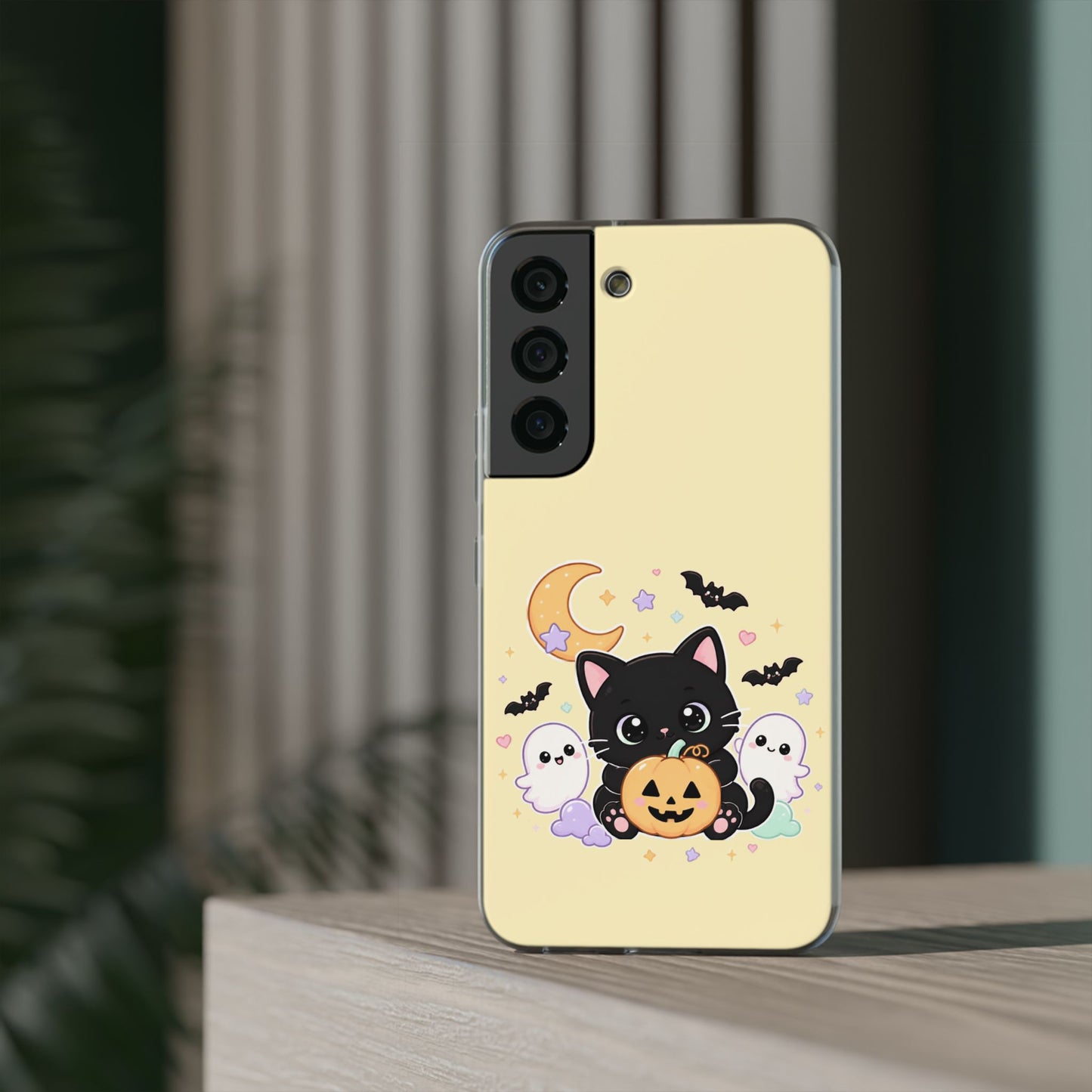 Cute Halloween Black Cat Phone Case — Kawaii Pumpkin & Ghosts Flexi Case
