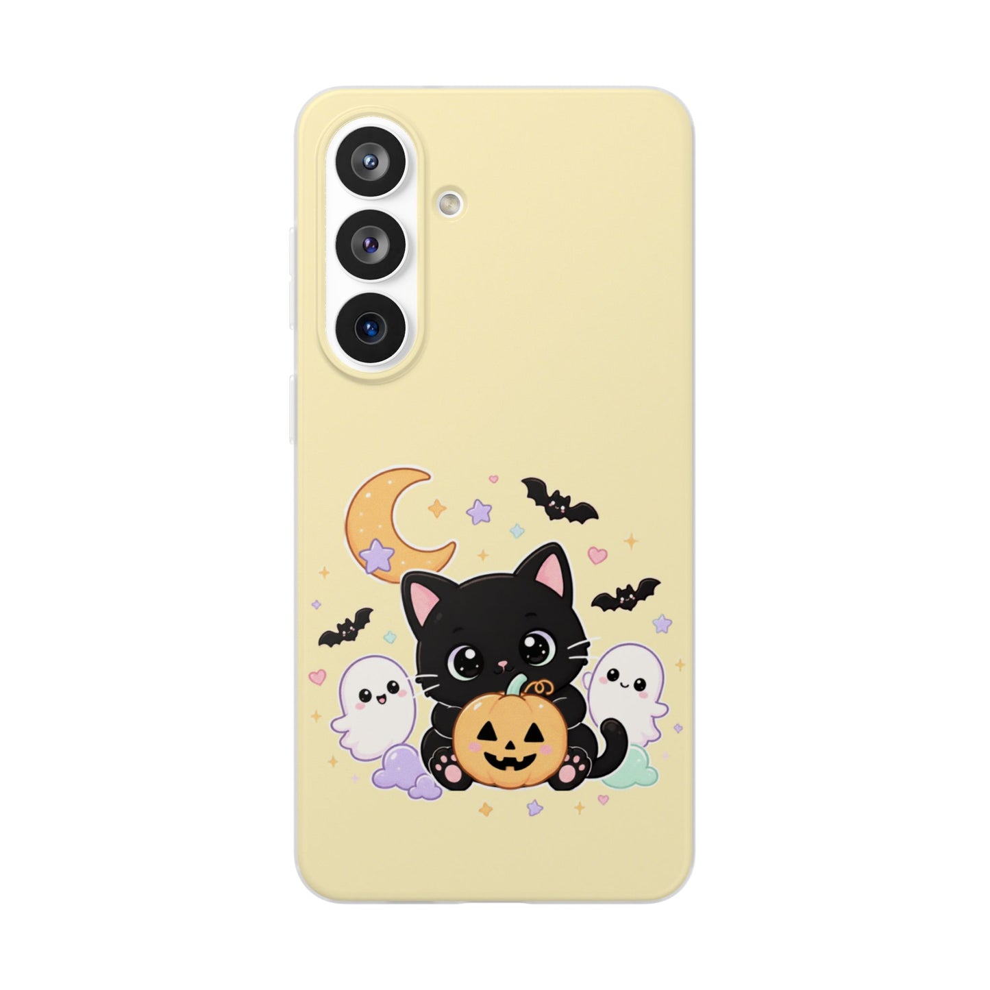 Cute Halloween Black Cat Phone Case — Kawaii Pumpkin & Ghosts Flexi Case