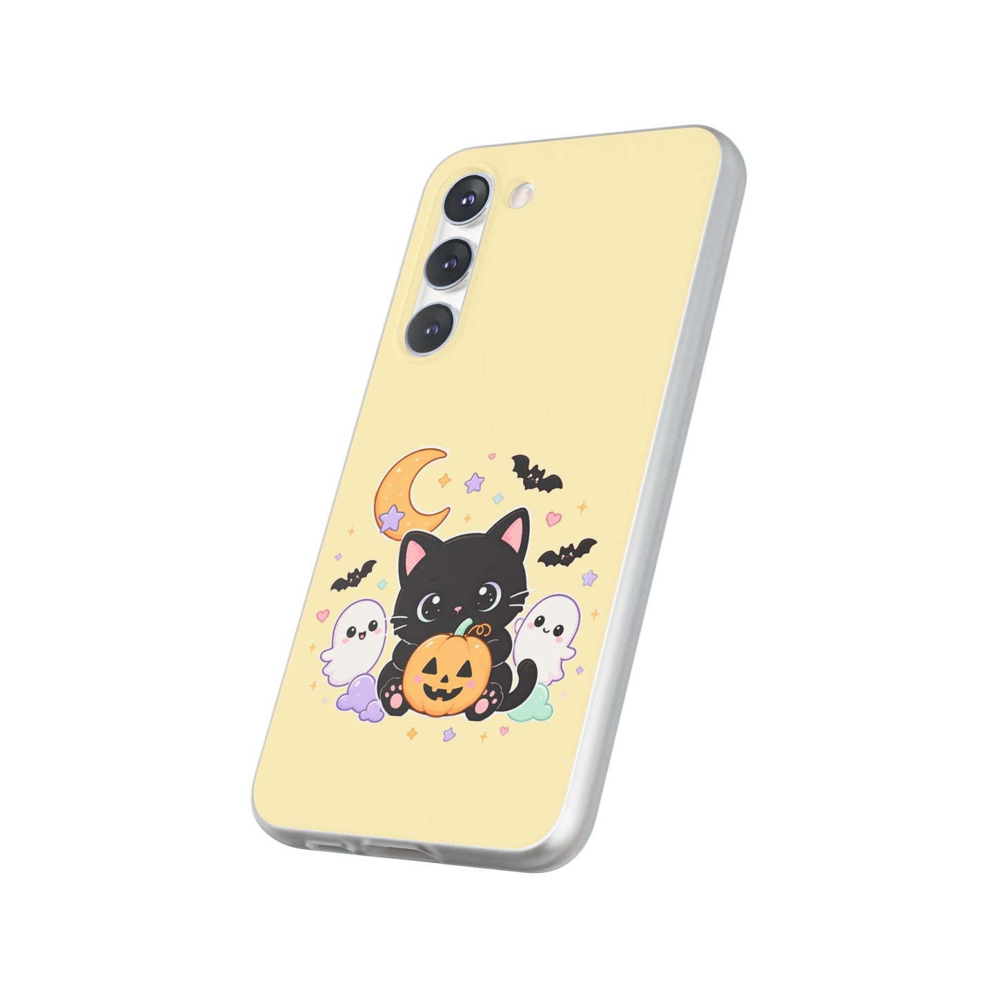 Cute Halloween Black Cat Phone Case — Kawaii Pumpkin & Ghosts Flexi Case