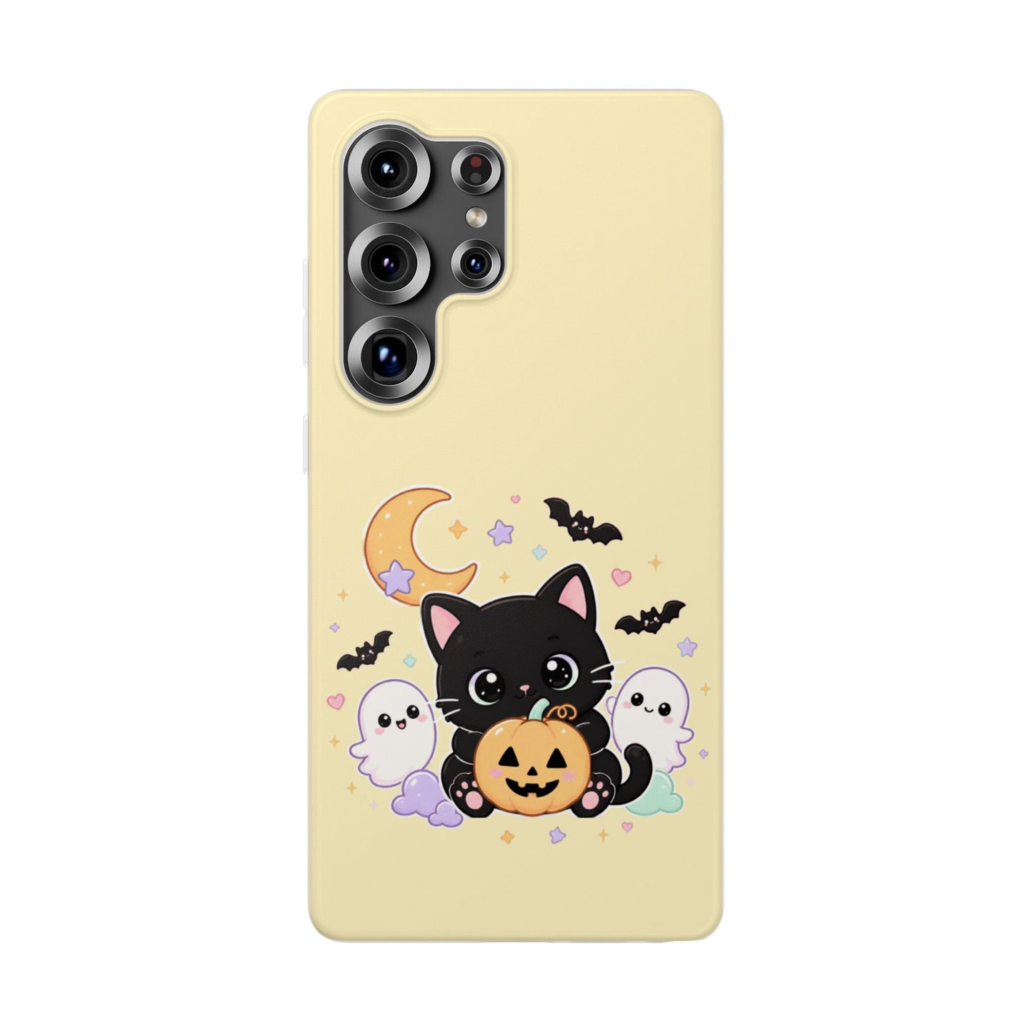 Cute Halloween Black Cat Phone Case — Kawaii Pumpkin & Ghosts Flexi Case