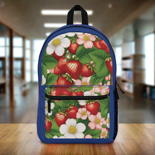 Strawberry Dreams Design on Blue Backpack