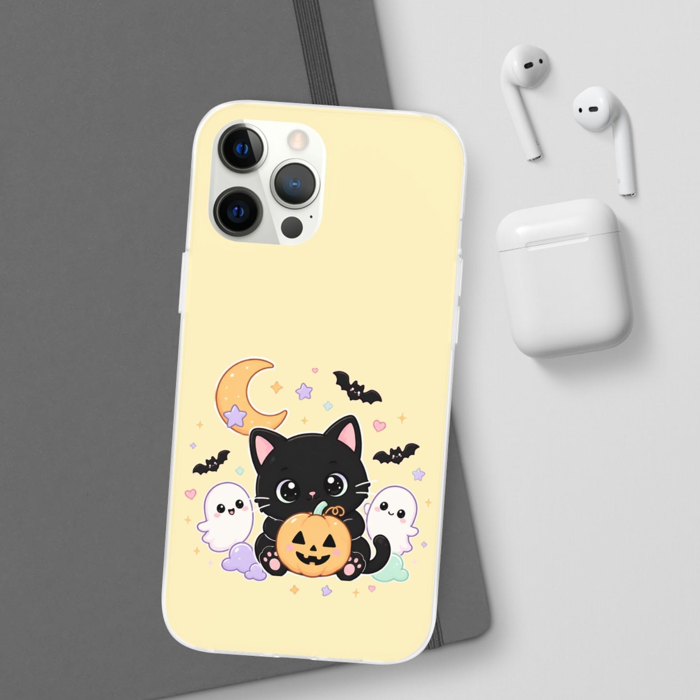 Cute Halloween Black Cat Phone Case — Kawaii Pumpkin & Ghosts Flexi Case
