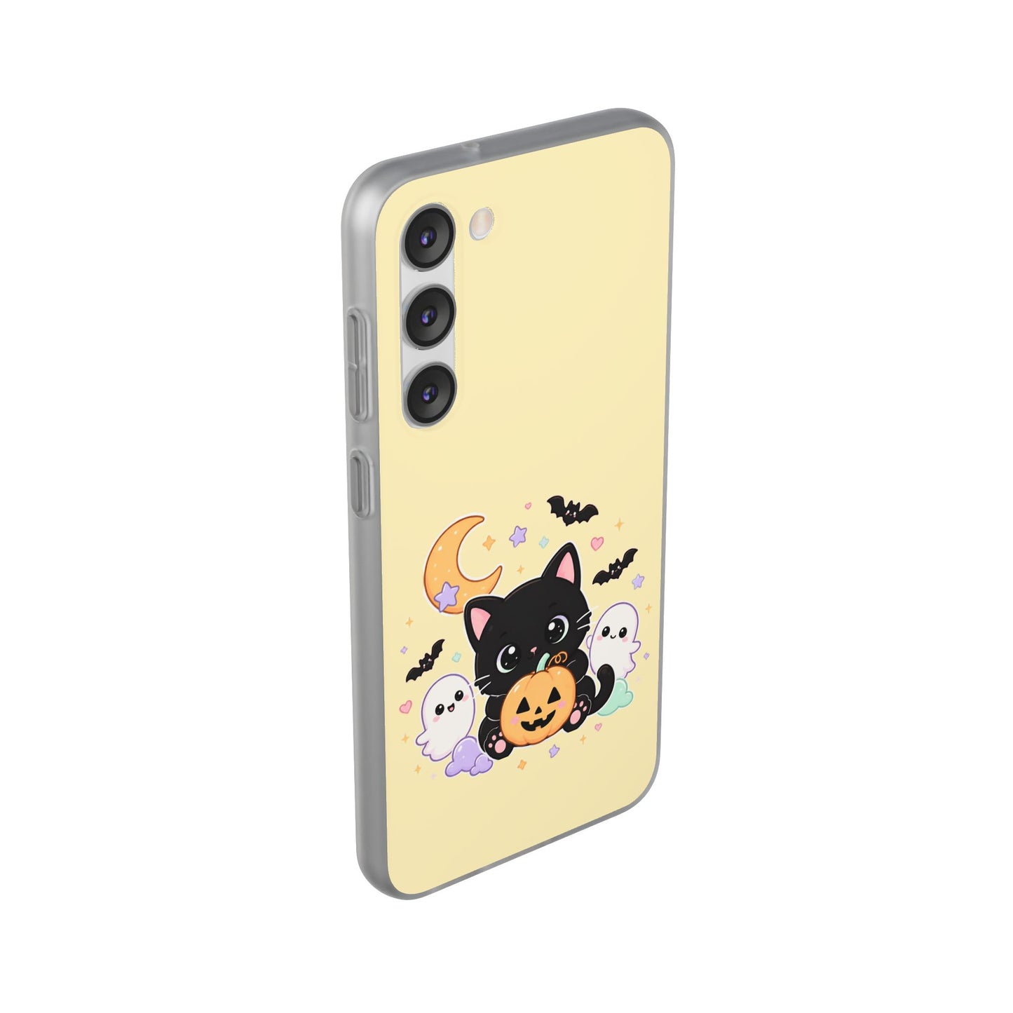 Cute Halloween Black Cat Phone Case — Kawaii Pumpkin & Ghosts Flexi Case