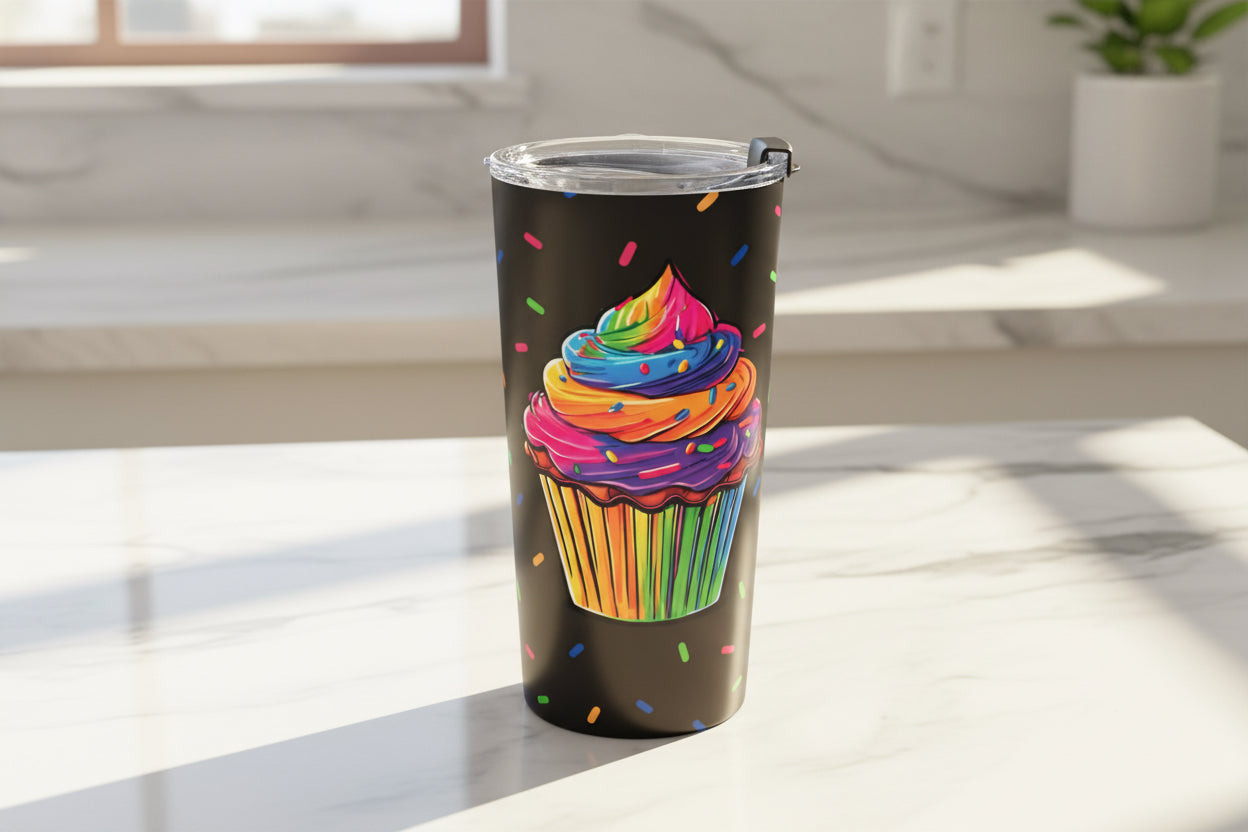 A black insulated tumbler with a clear lid and a colorful rainbow cupcake graphic on the front, shown on a clean white background.