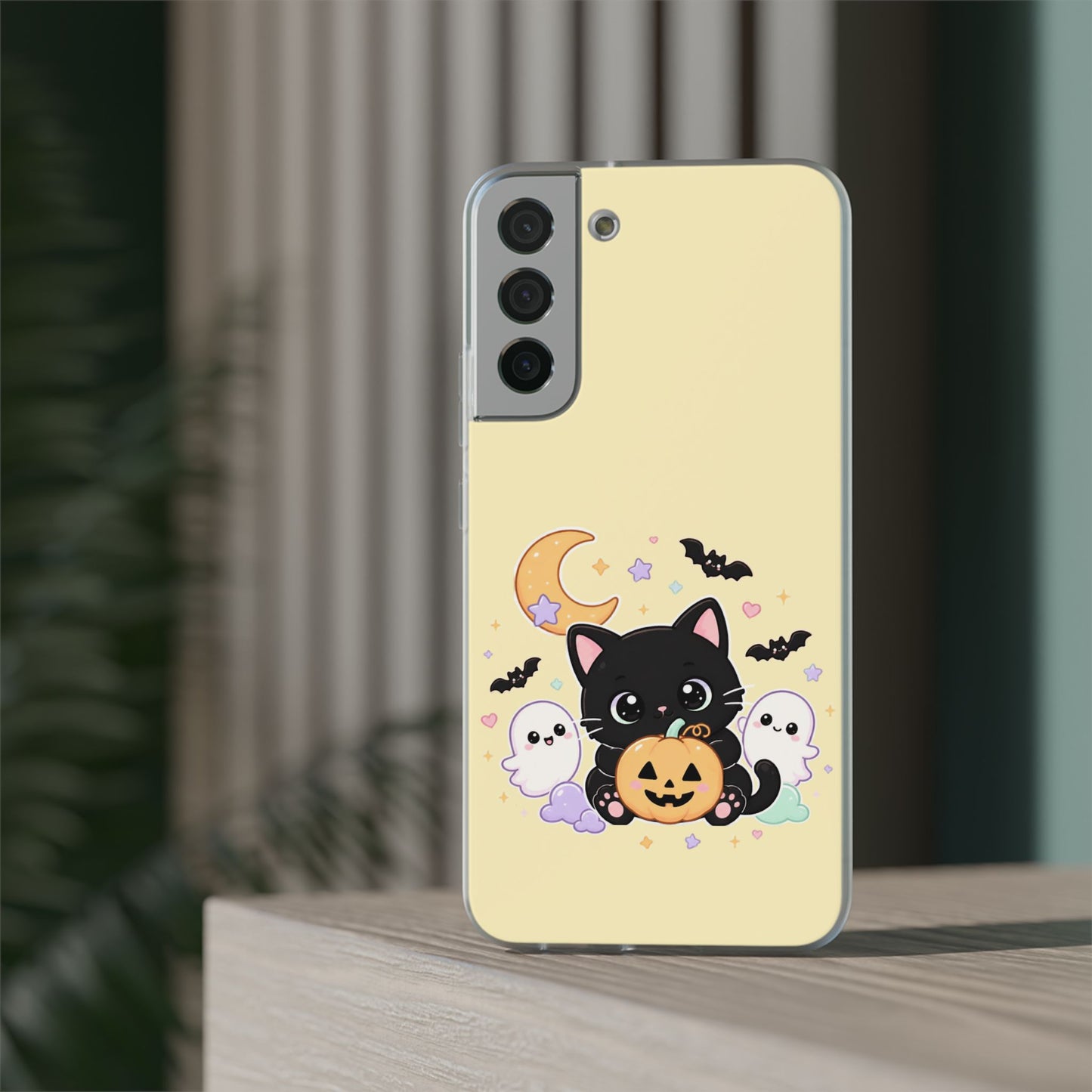 Cute Halloween Black Cat Phone Case — Kawaii Pumpkin & Ghosts Flexi Case