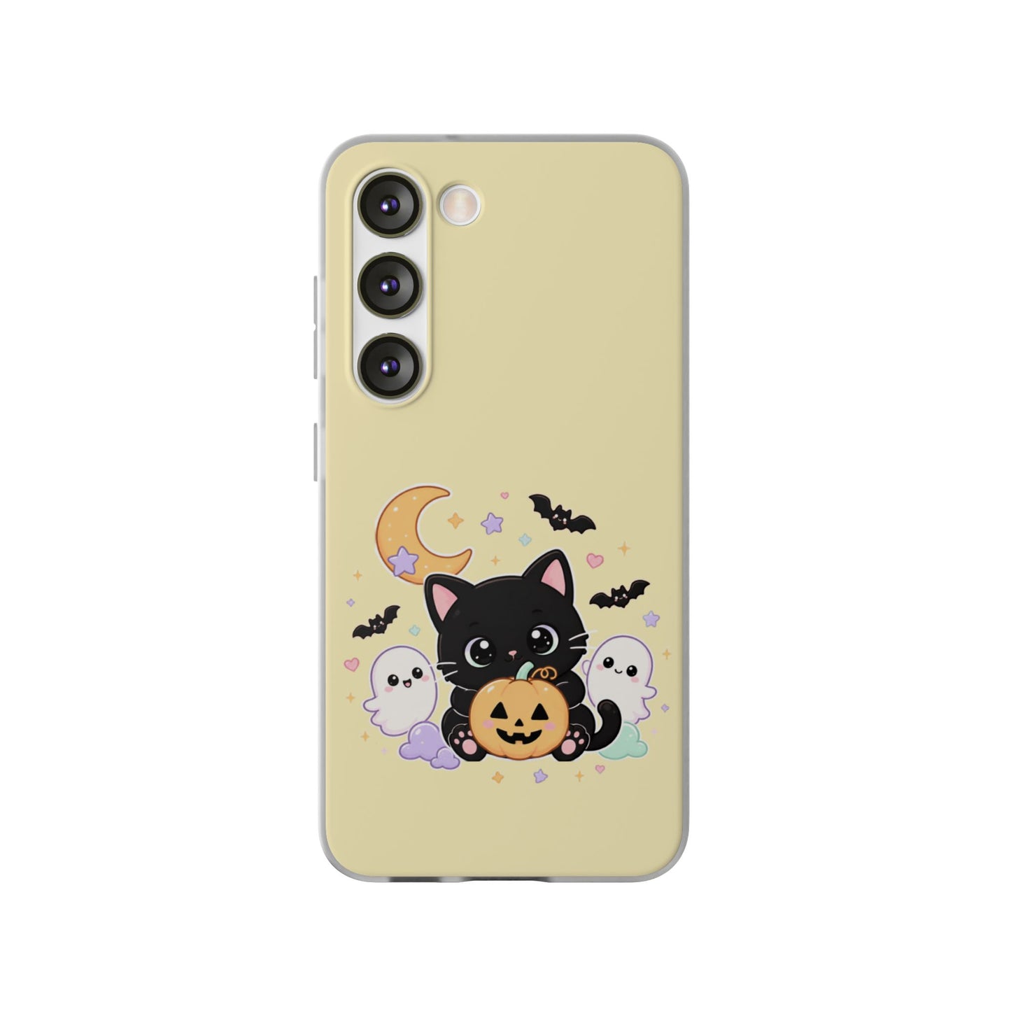 Cute Halloween Black Cat Phone Case — Kawaii Pumpkin & Ghosts Flexi Case